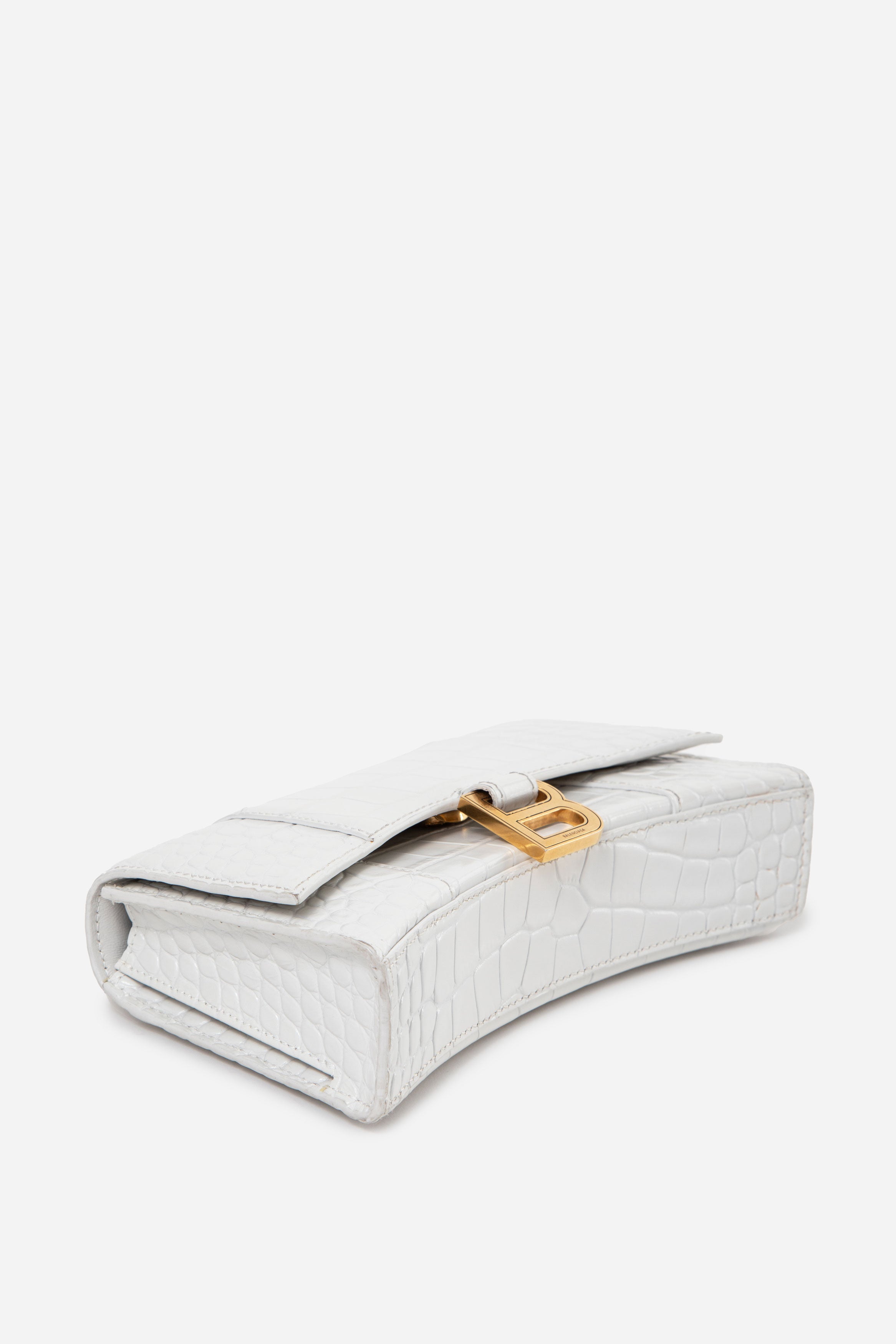 Balenciaga White Calfskin Crocodile Embossed Hourglass Shoulder Bag