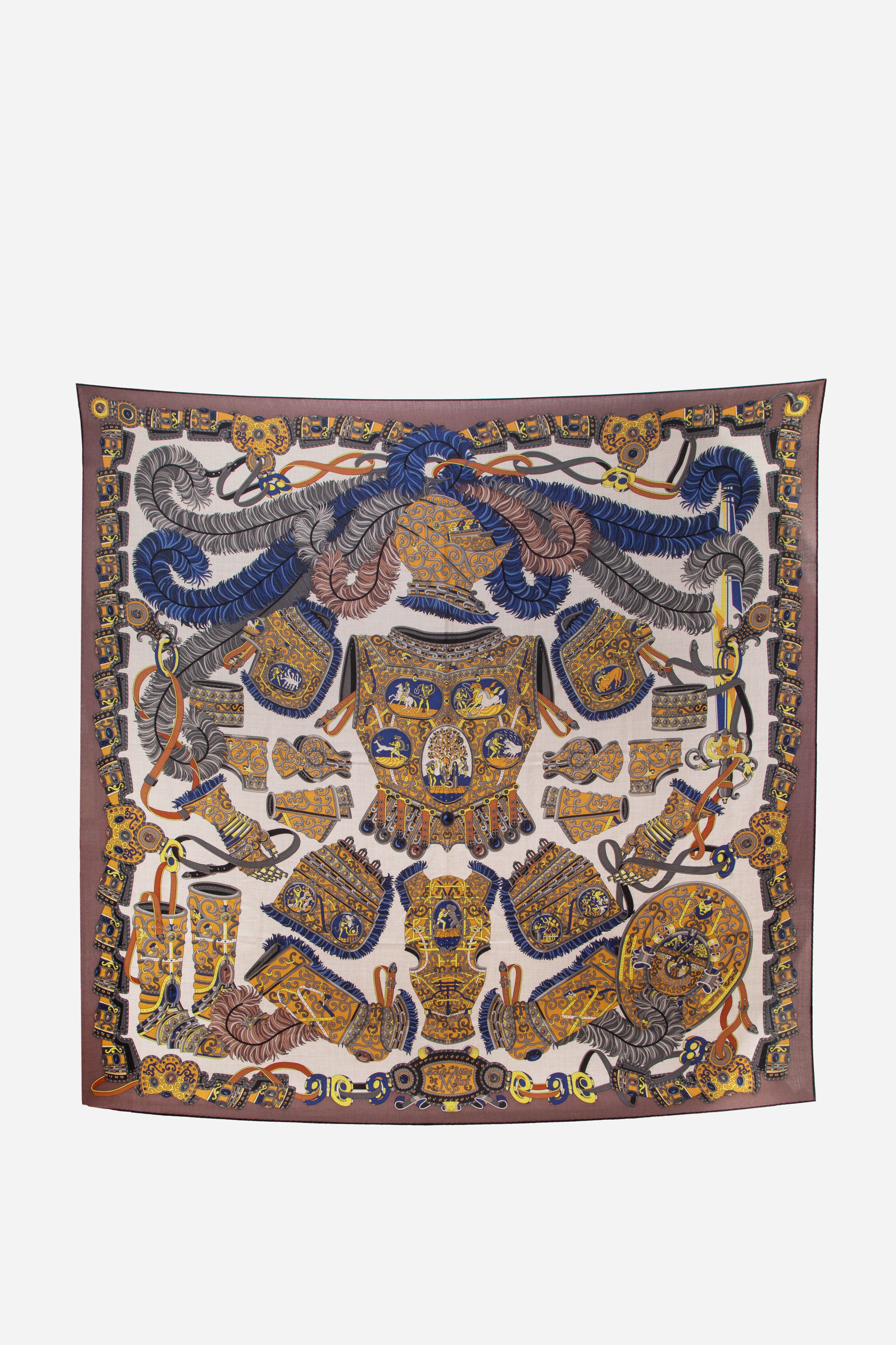 Hermès Cashmere Silk Shawl Plumes et Grelots brown/blue