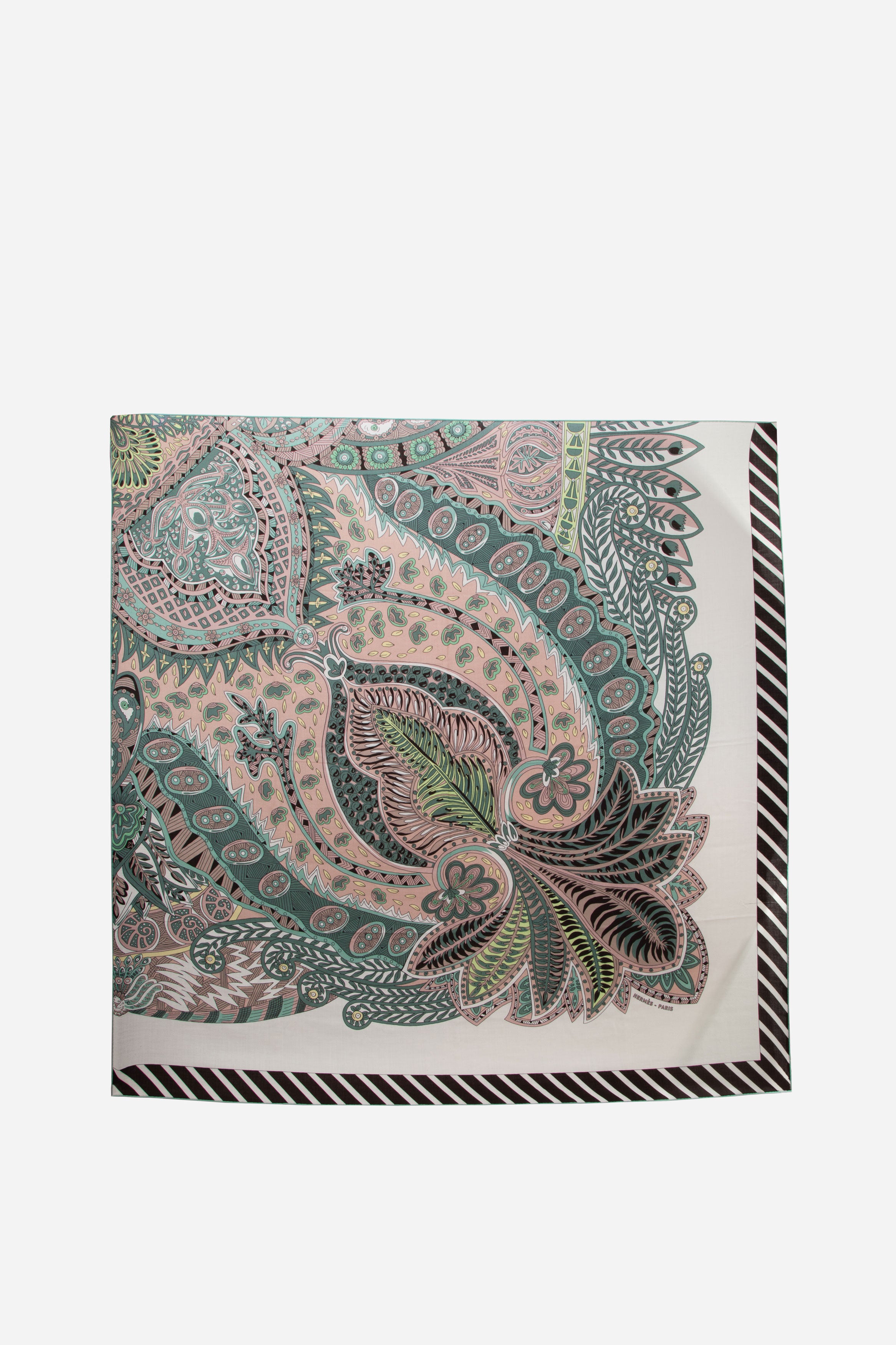 Hermès Cashmere Silk Shawl “Au Bout du Monde” Mint/Black Size 140