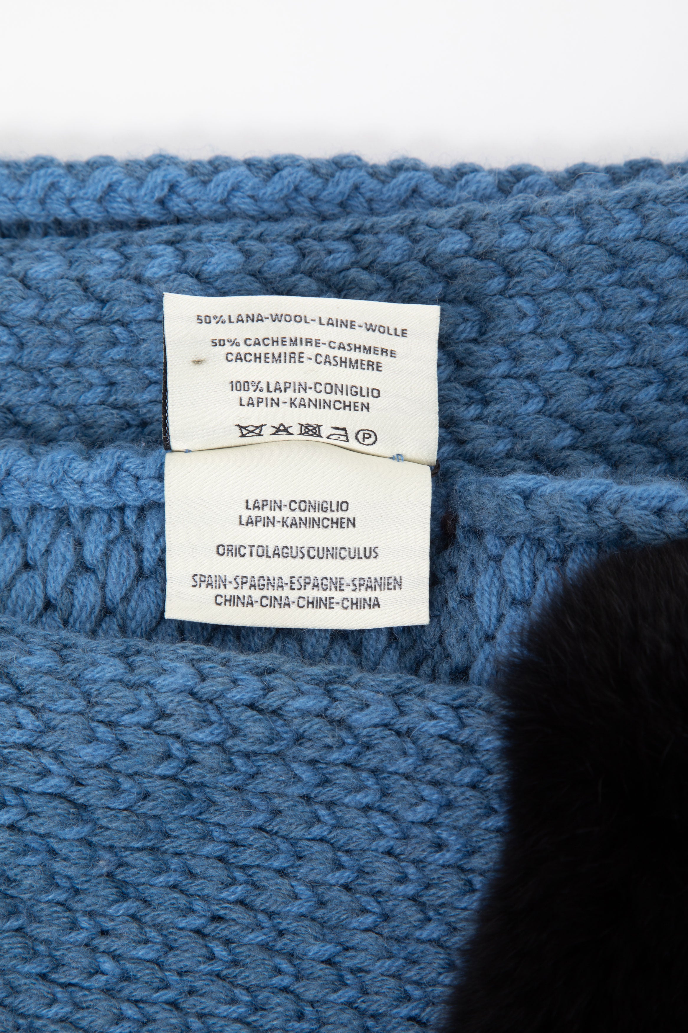 Fendi Blue Wool and Cashmere Scarf with Rabbit Fur “FF” Detail