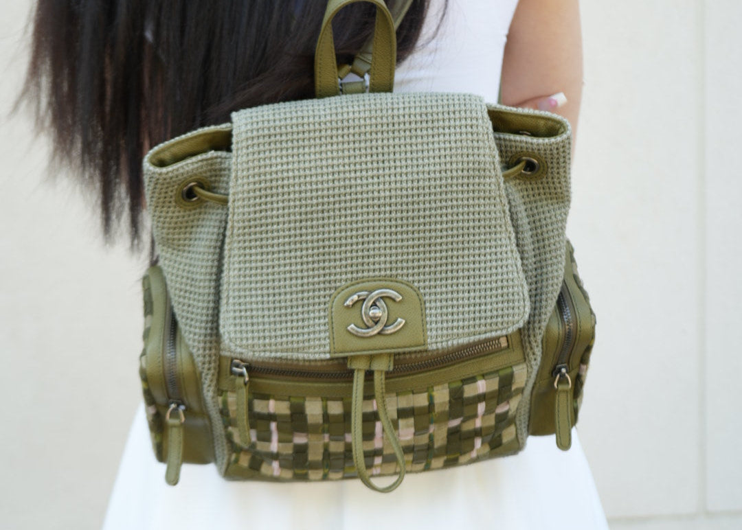 Pre-owned Chanel Tweed Canvas Cuba Pocket Backpack Khaki Green