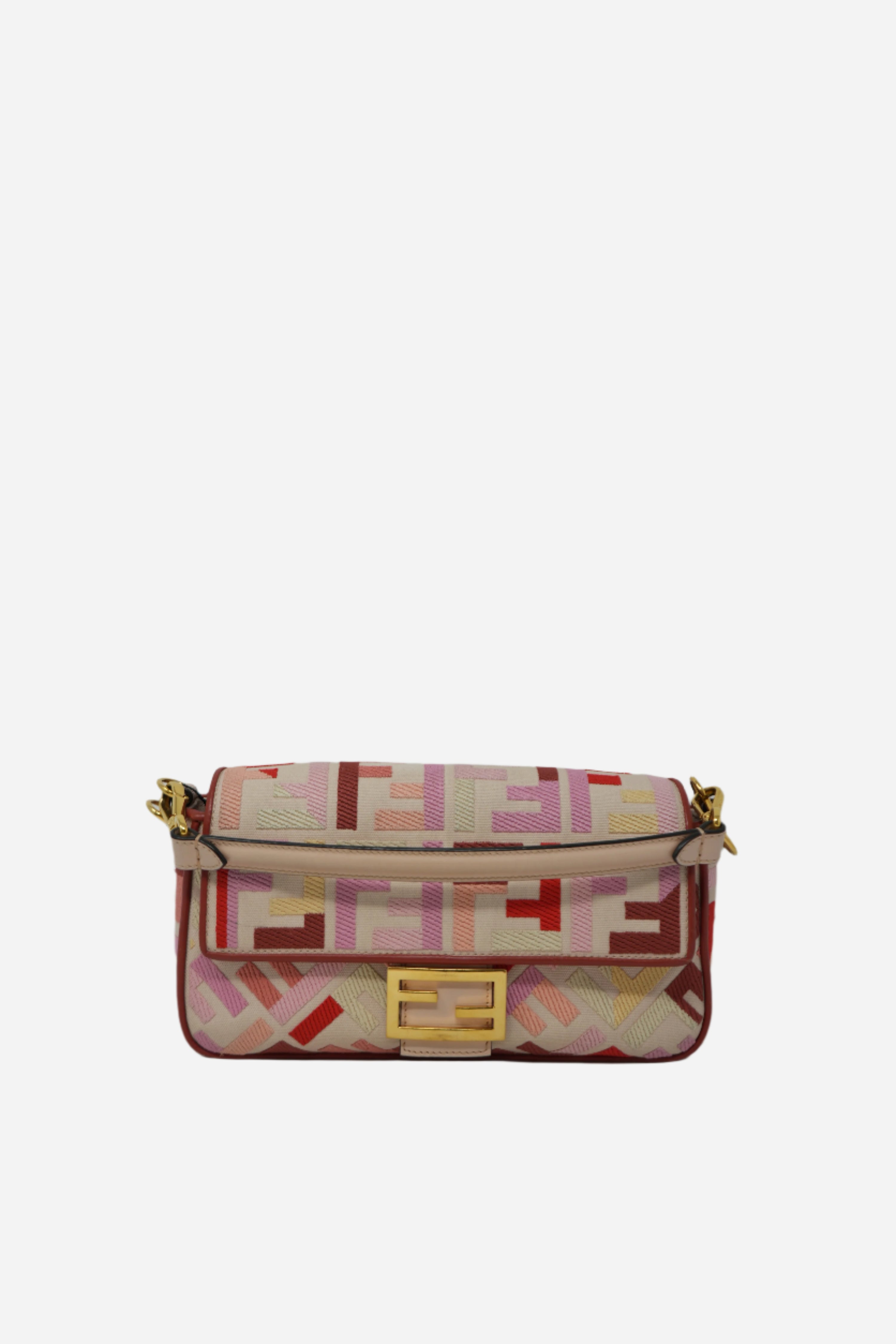 Fendi Canvas Embroidered Baguette Gold-Tone