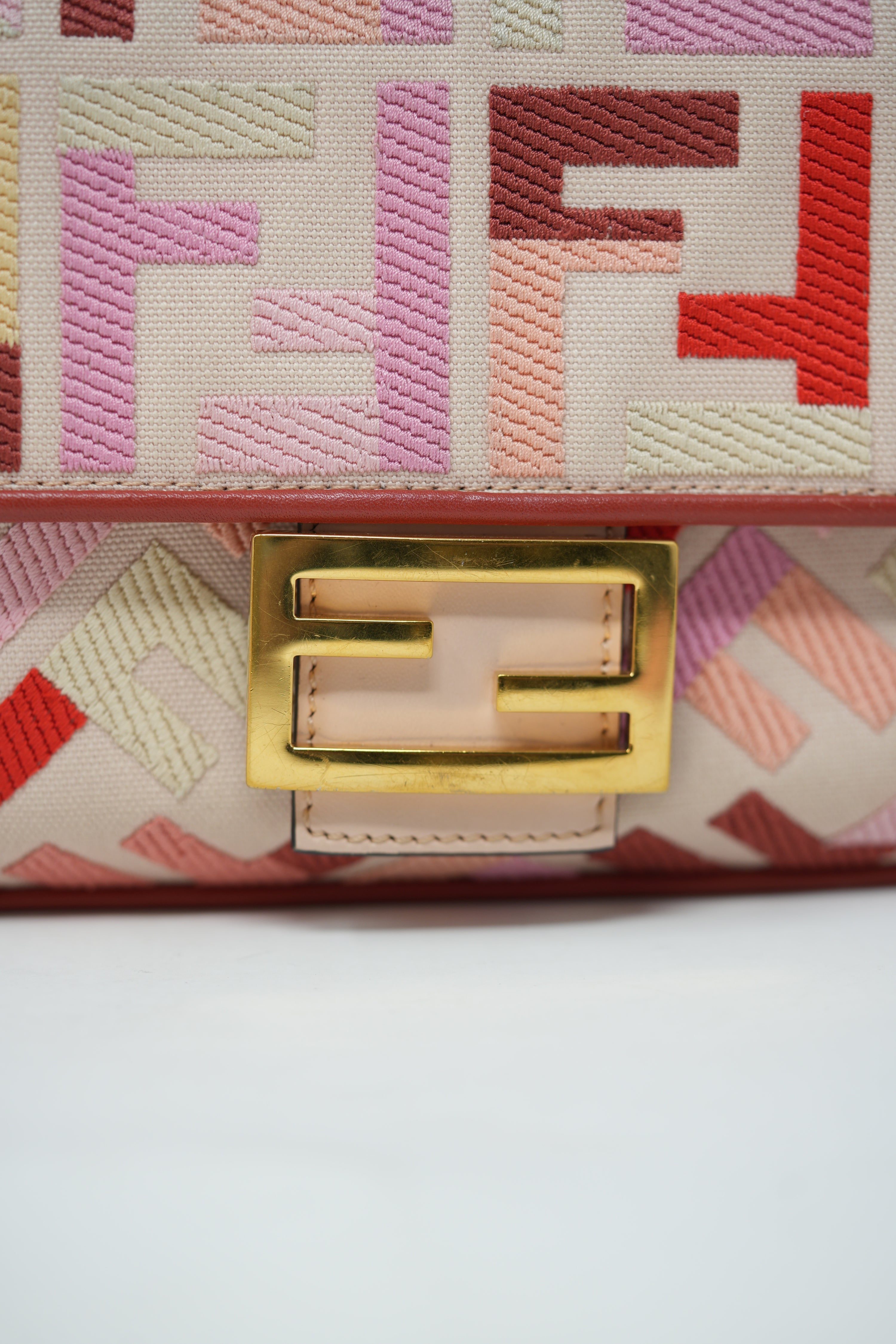 Fendi Canvas Embroidered Baguette Gold-Tone