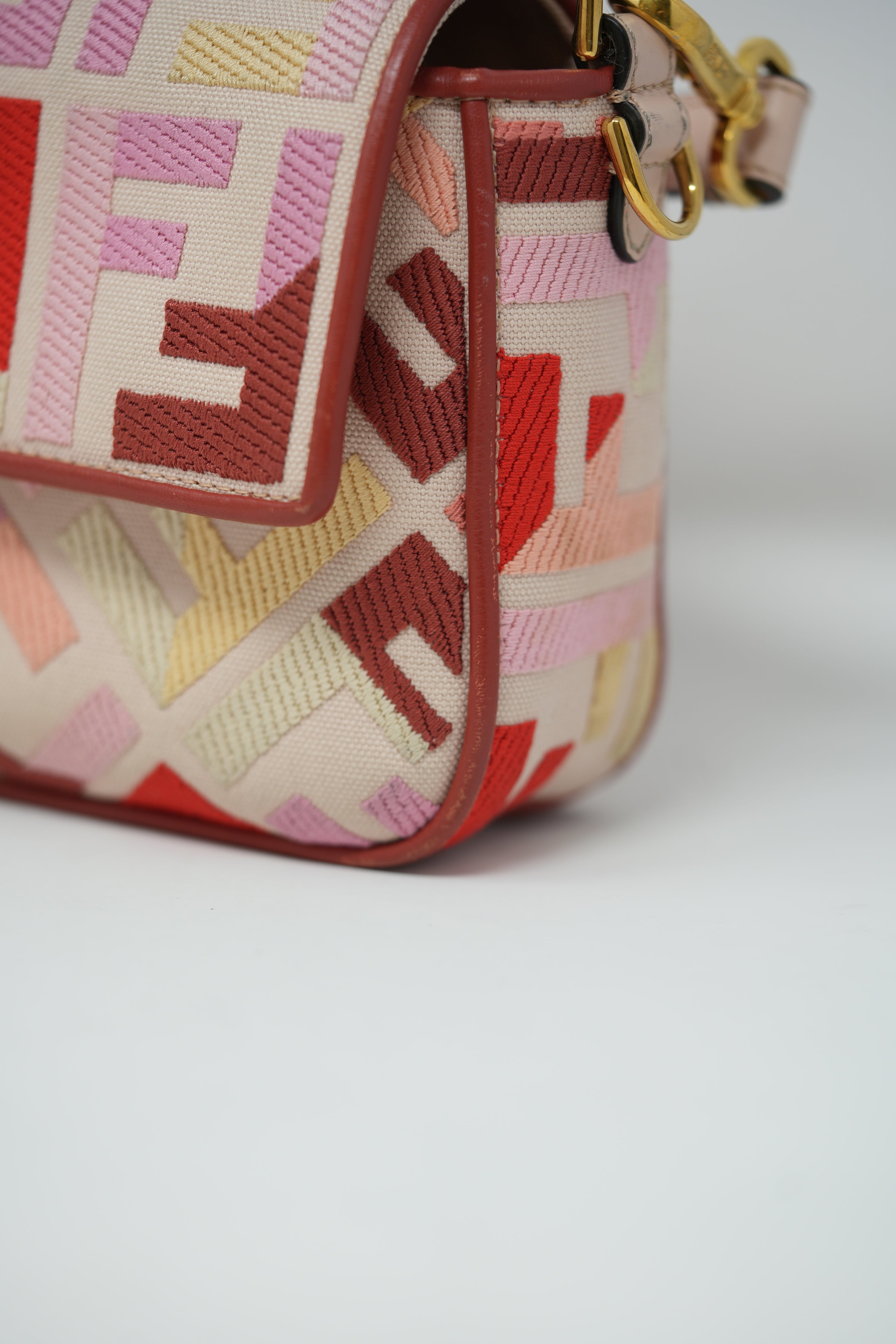 Fendi Canvas Embroidered Baguette Gold-Tone