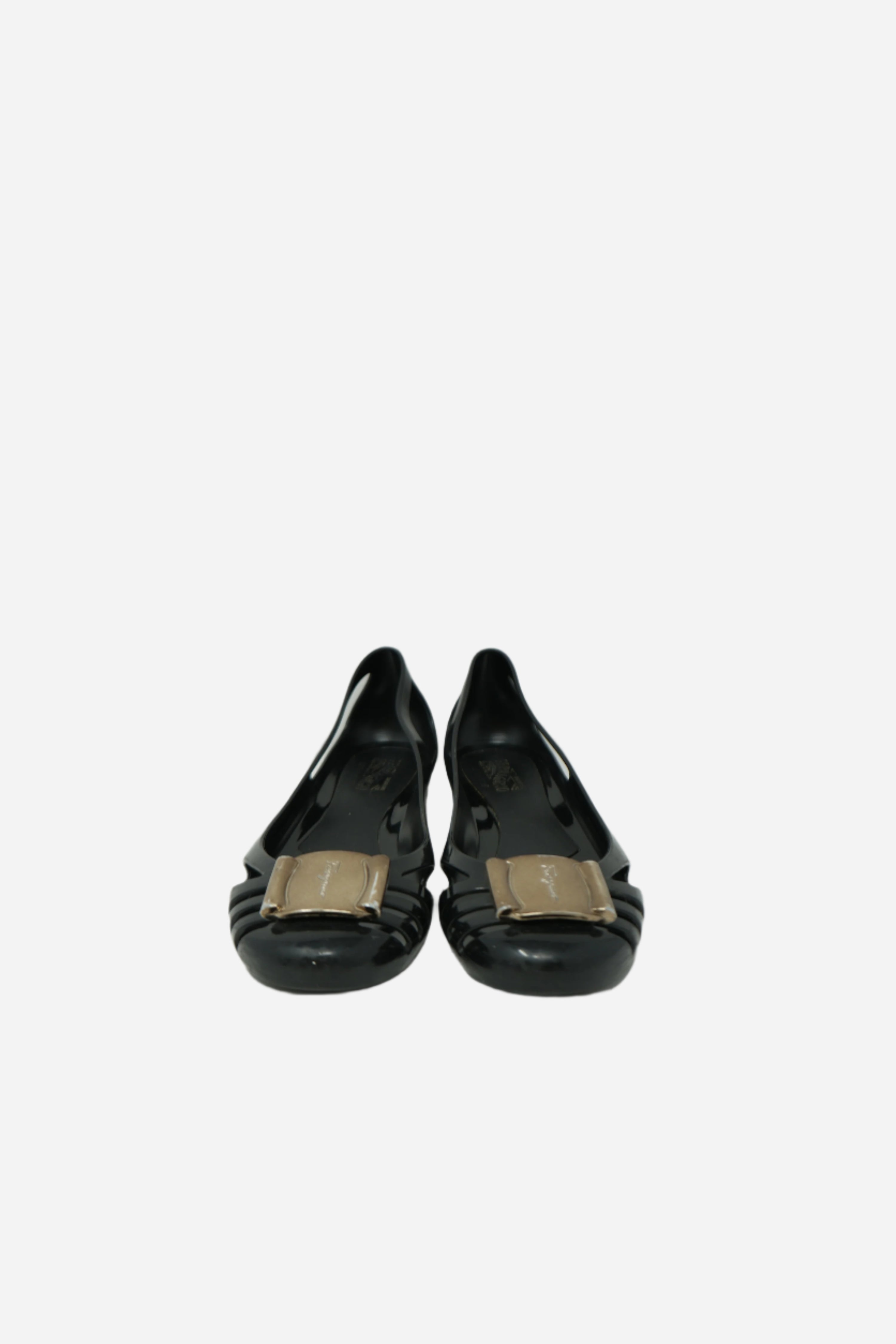 Ferragamo Gold Bow Jelly Flats