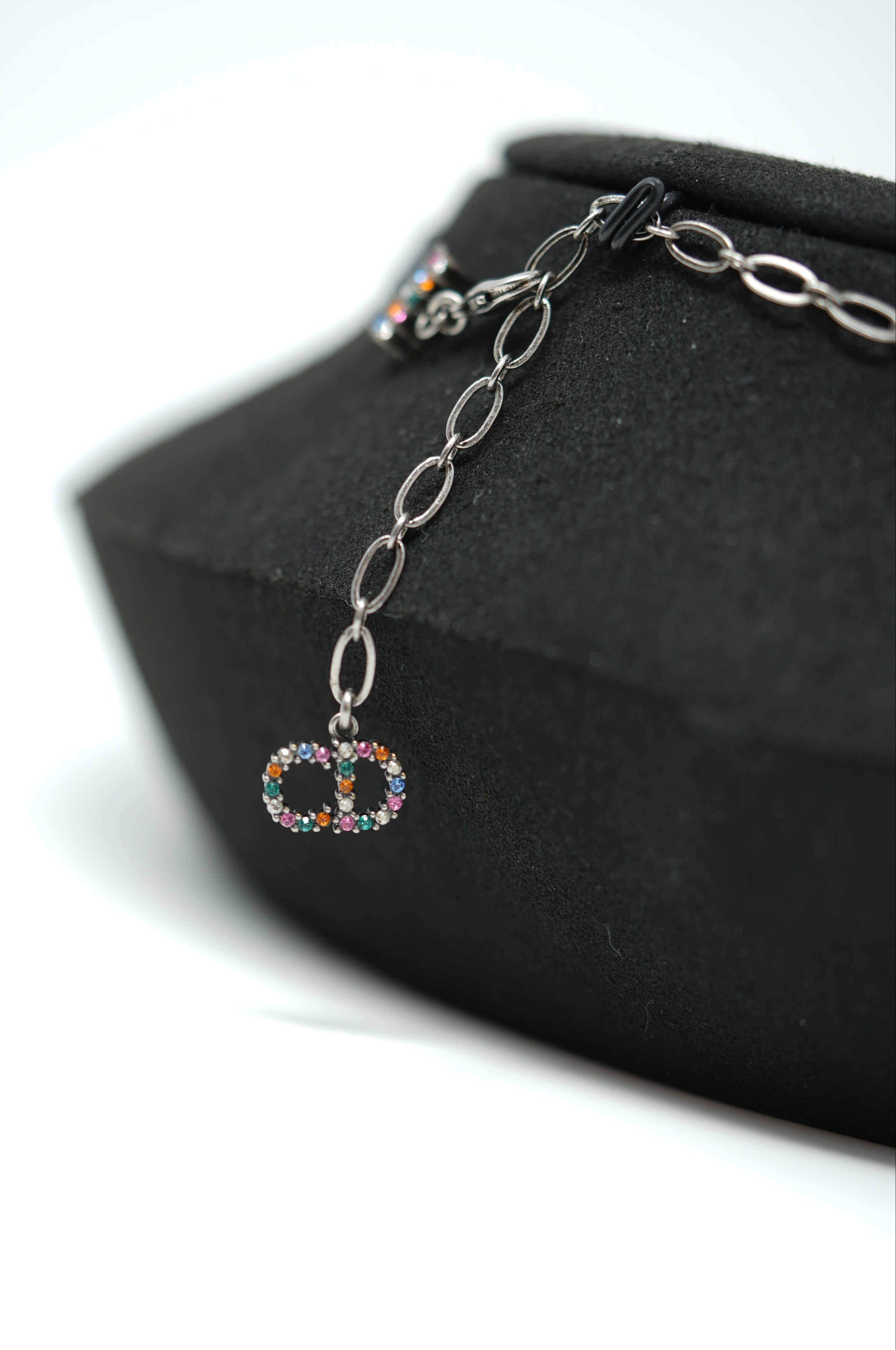 Dior Grosgrain Ribbon Crystal Logo Choker Necklace Multicolor