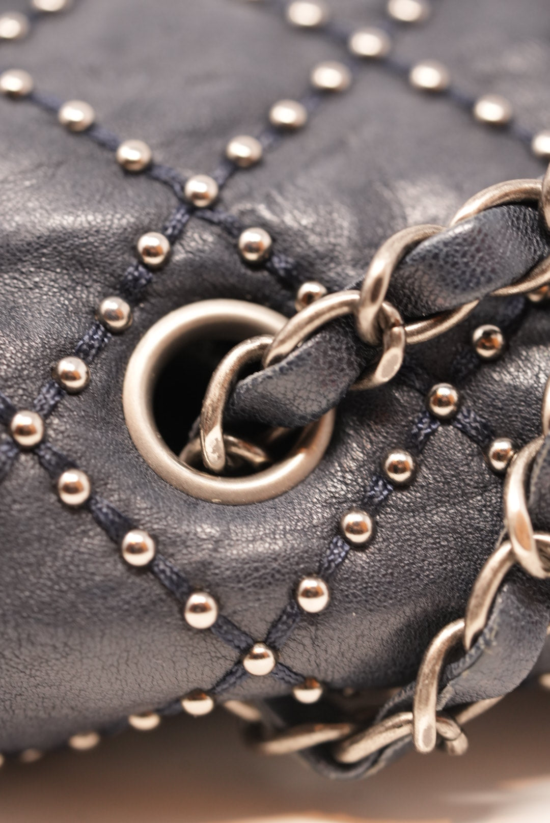 Pre-Owned Chanel Studded Flap Bag Calfskin Dark Blue 2014