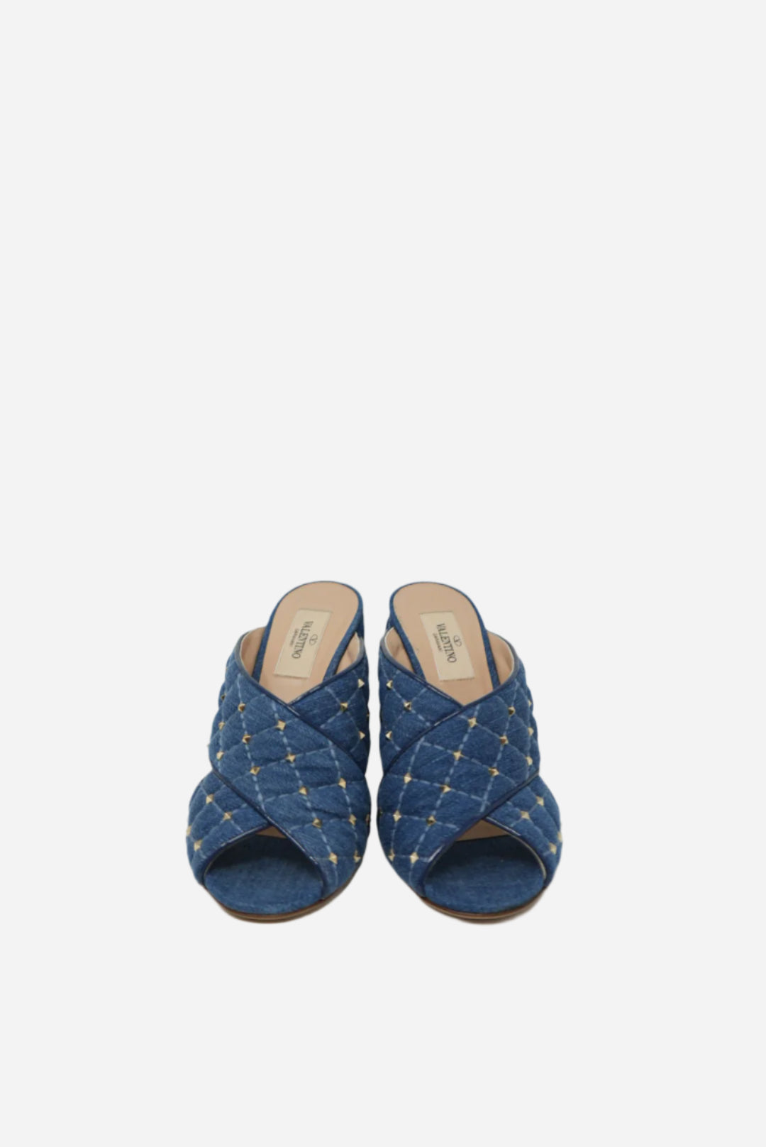 Valentino Garavani Denim Rockstud Spike Crisscross Silde Sandals