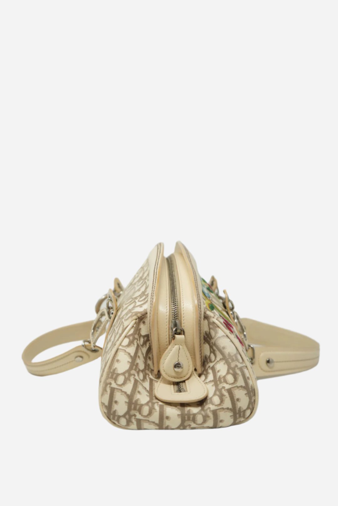 Christian Dior 2005 Ivory Embroidered Trotter Flower Handbag