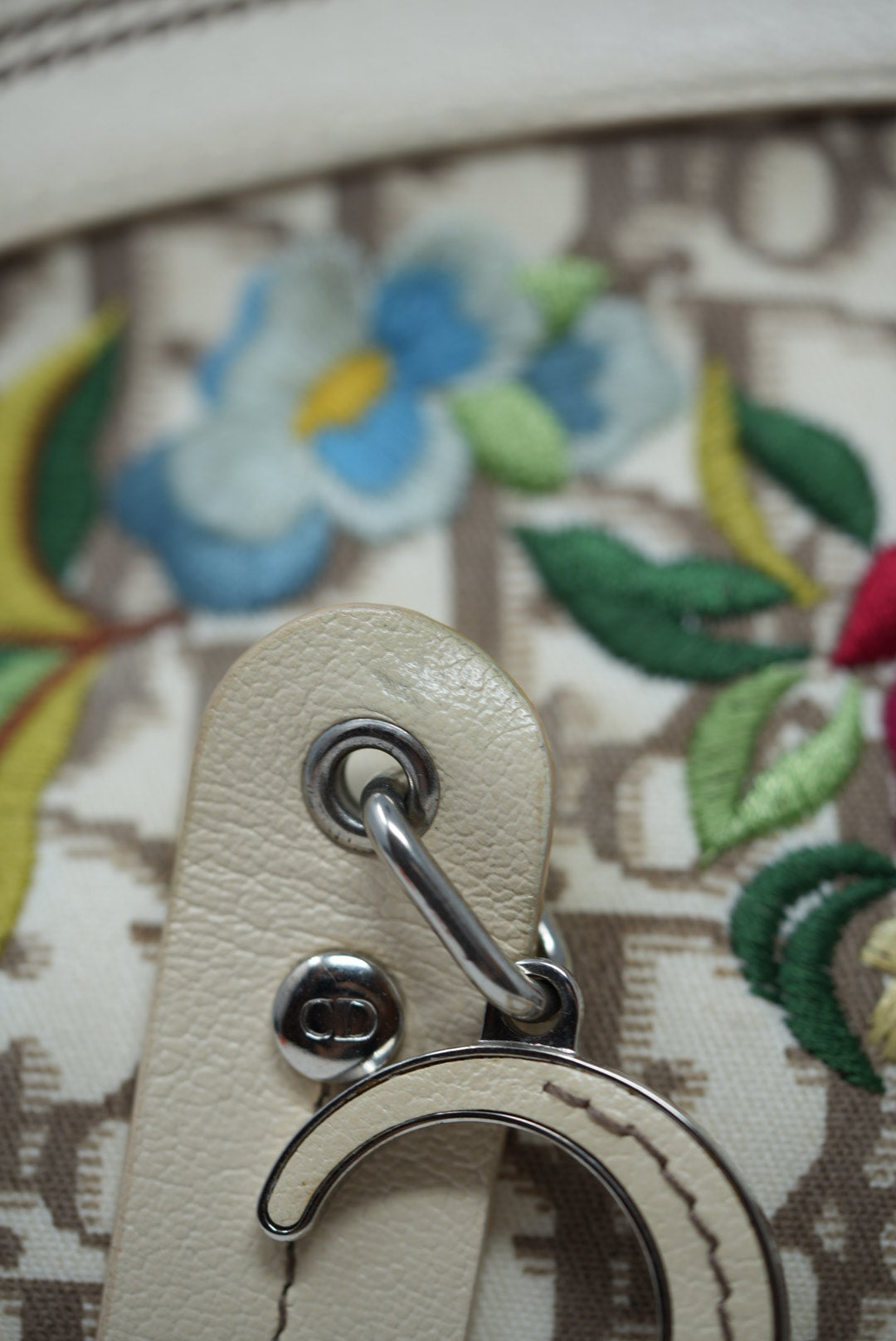 Christian Dior 2005 Ivory Embroidered Trotter Flower Handbag