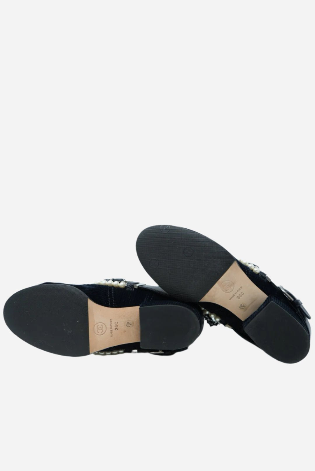 Pre-Owned Chanel Velvet Satin & Faux Pearl Ankle Boots Size 36