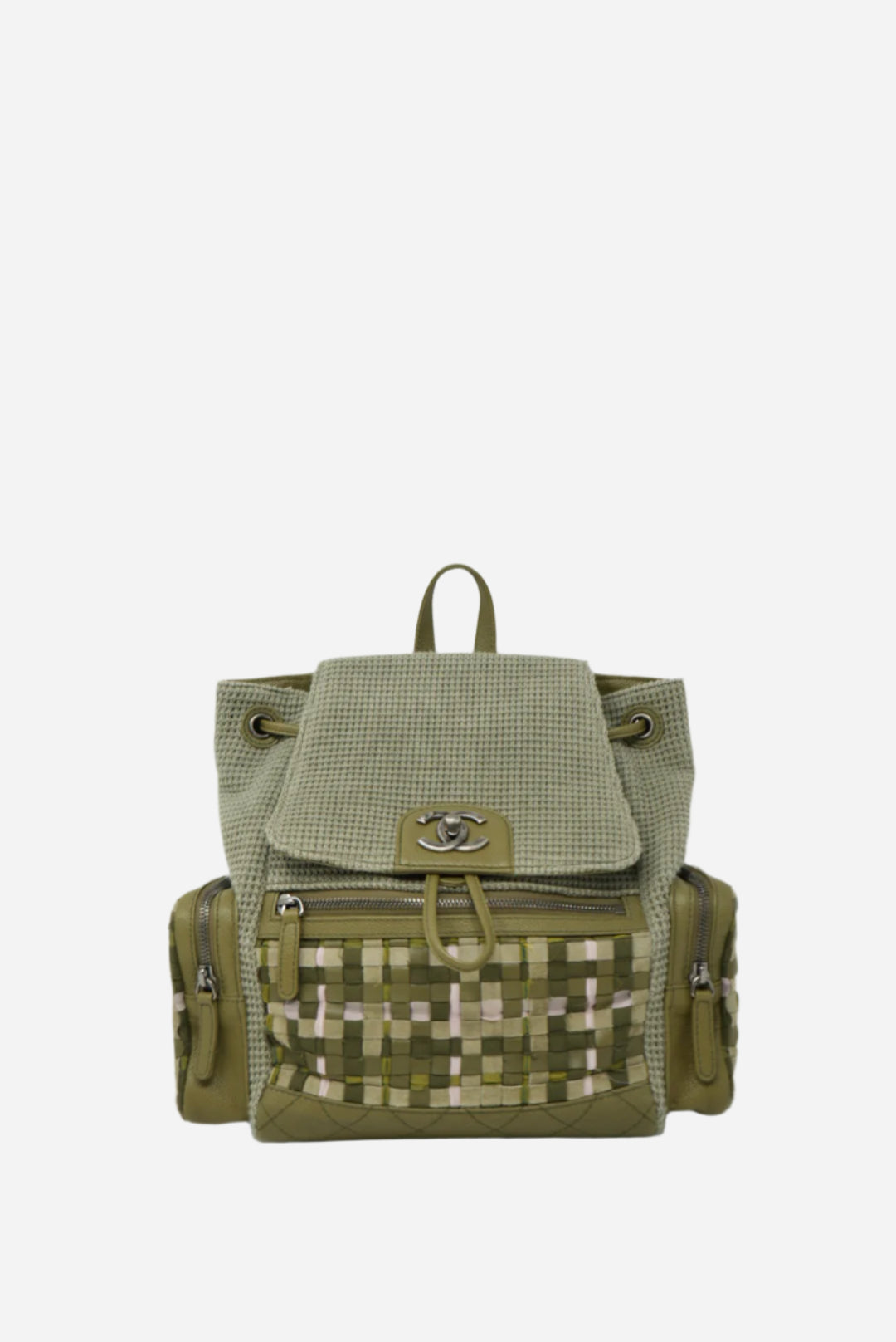 Pre-owned Chanel Tweed Canvas Cuba Pocket Backpack Khaki Green