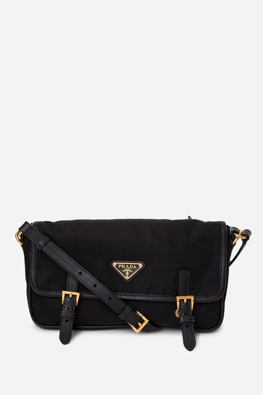 Prada Black Tessuto Nylon Saffiano Small Messenger Bag