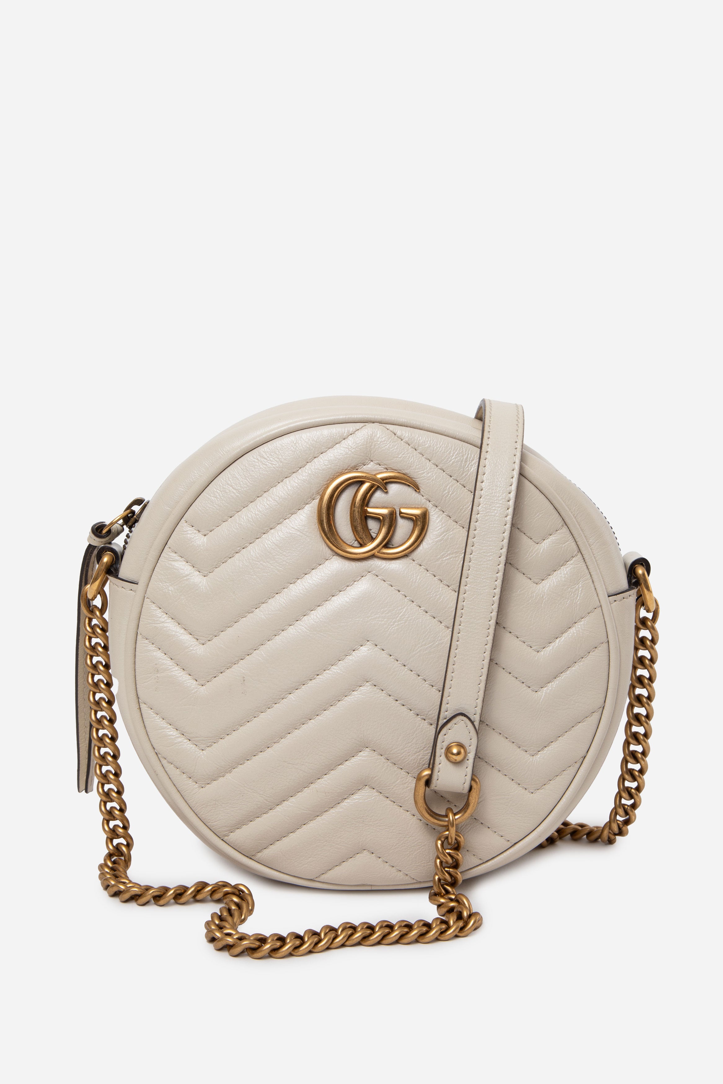 Gucci Calfskin Matelasse Mini GG Marmont Round Shoulder Bag White