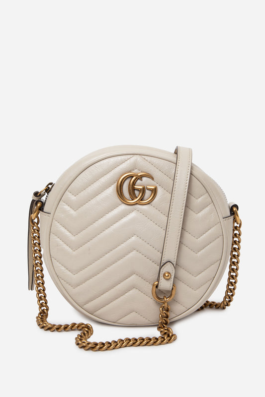 Gucci Calfskin Matelasse Mini GG Marmont Round Shoulder Bag White