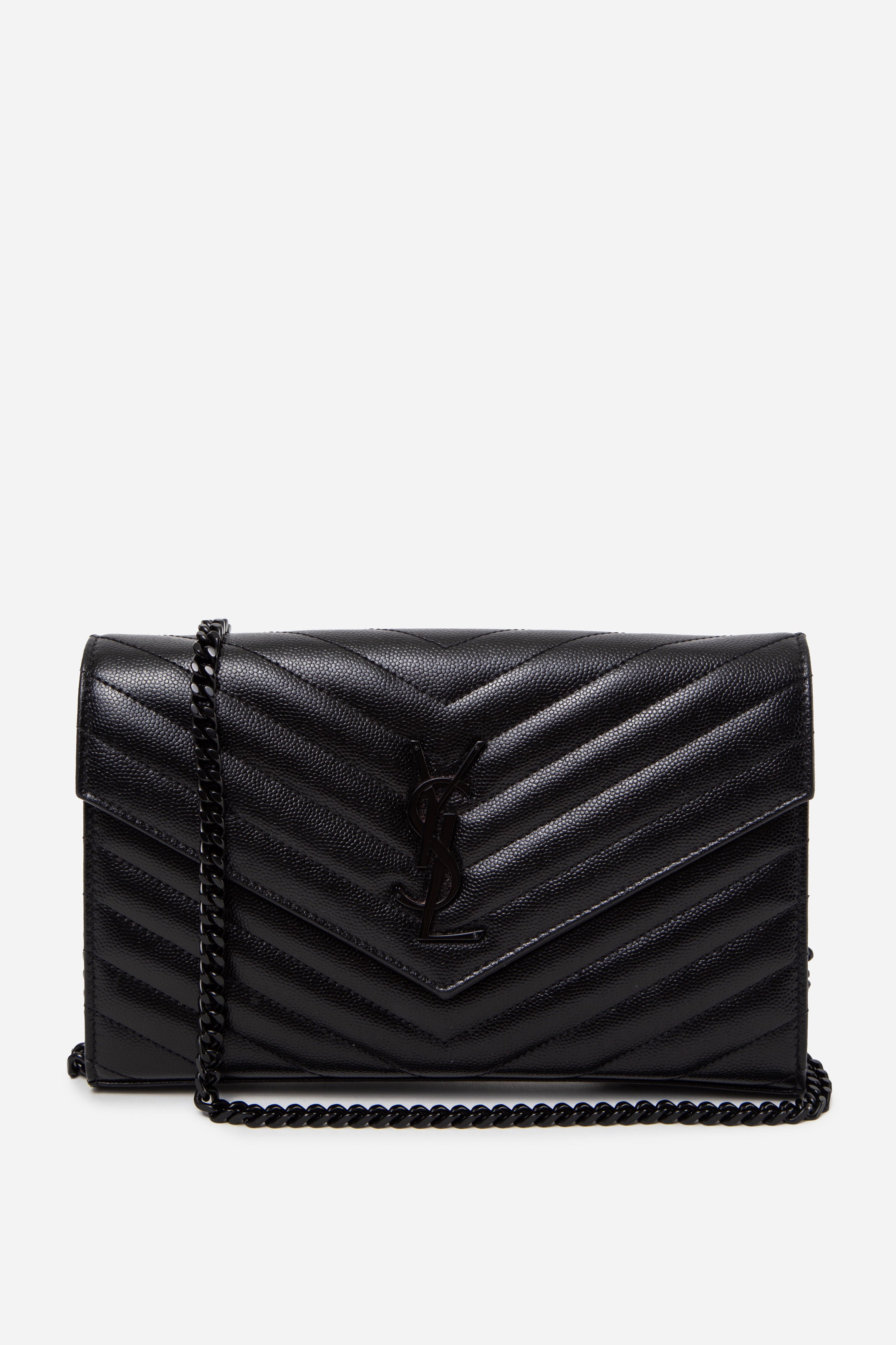 Saint Laurent Black Grain De Poudre Chevron Leather Cassandre Envelope Wallet On Chain