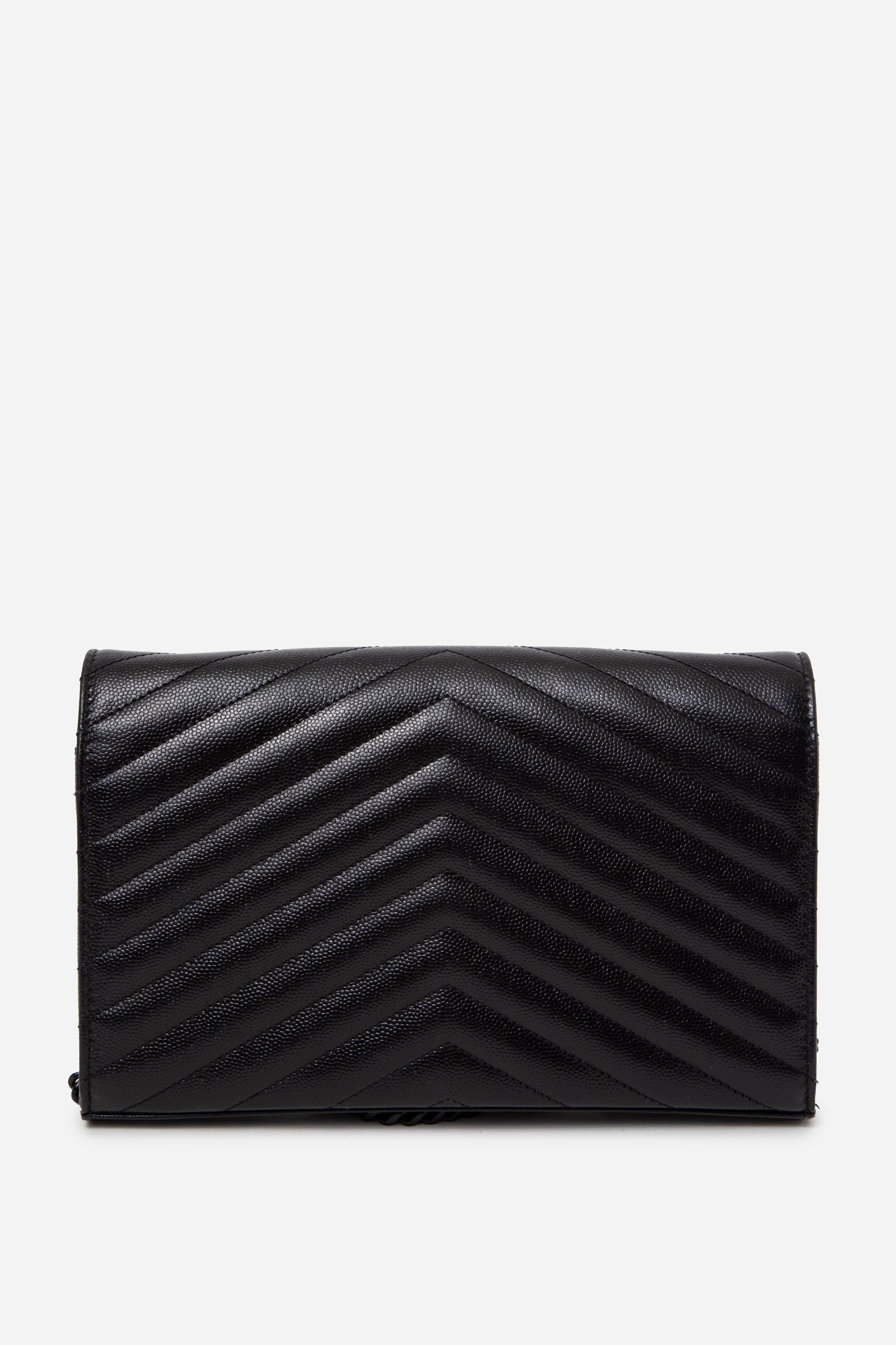 Saint Laurent Black Grain De Poudre Chevron Leather Cassandre Envelope Wallet On Chain