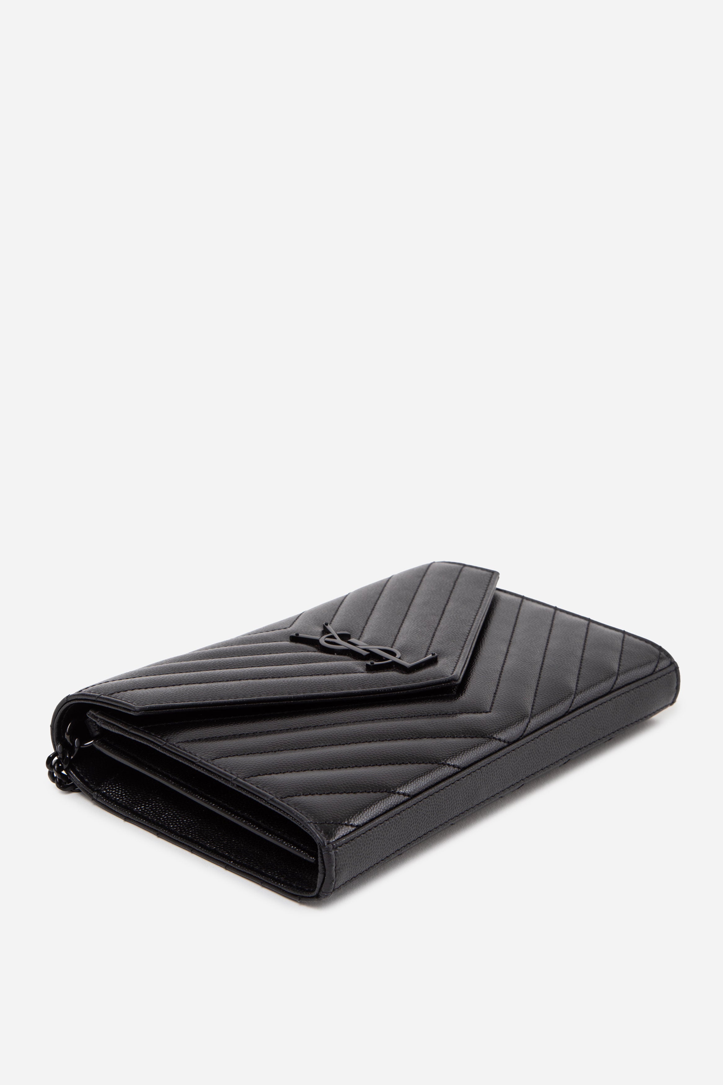 Saint Laurent Black Grain De Poudre Chevron Leather Cassandre Envelope Wallet On Chain
