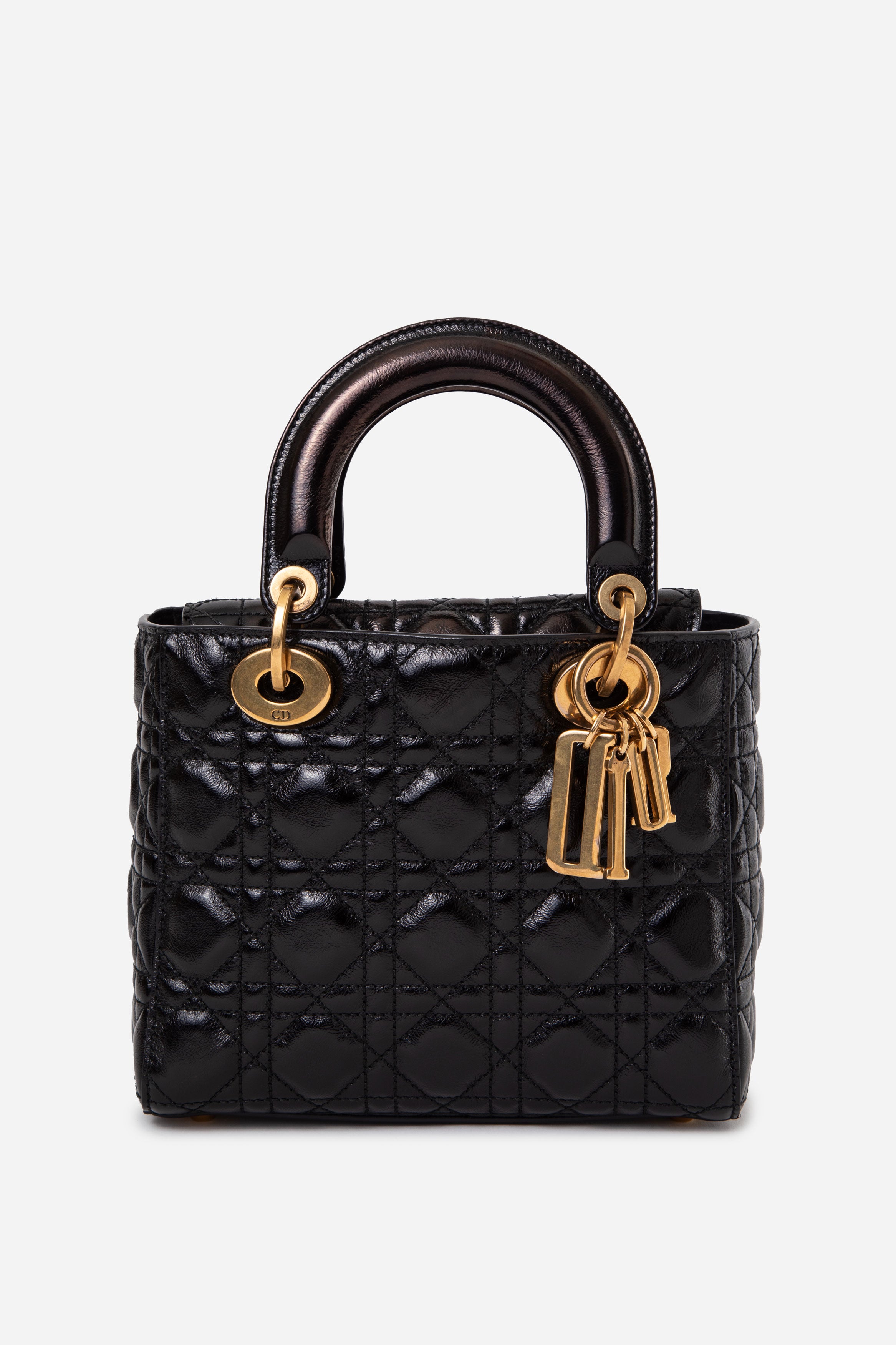 Christian Dior 2018 Black Small Crinkled Patent Cannage Badges My Lady Dior With Strap