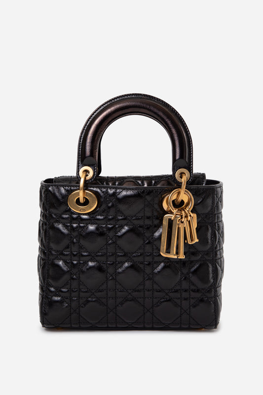 Christian Dior 2018 Black Small Crinkled Patent Cannage Badges My Lady Dior With Strap