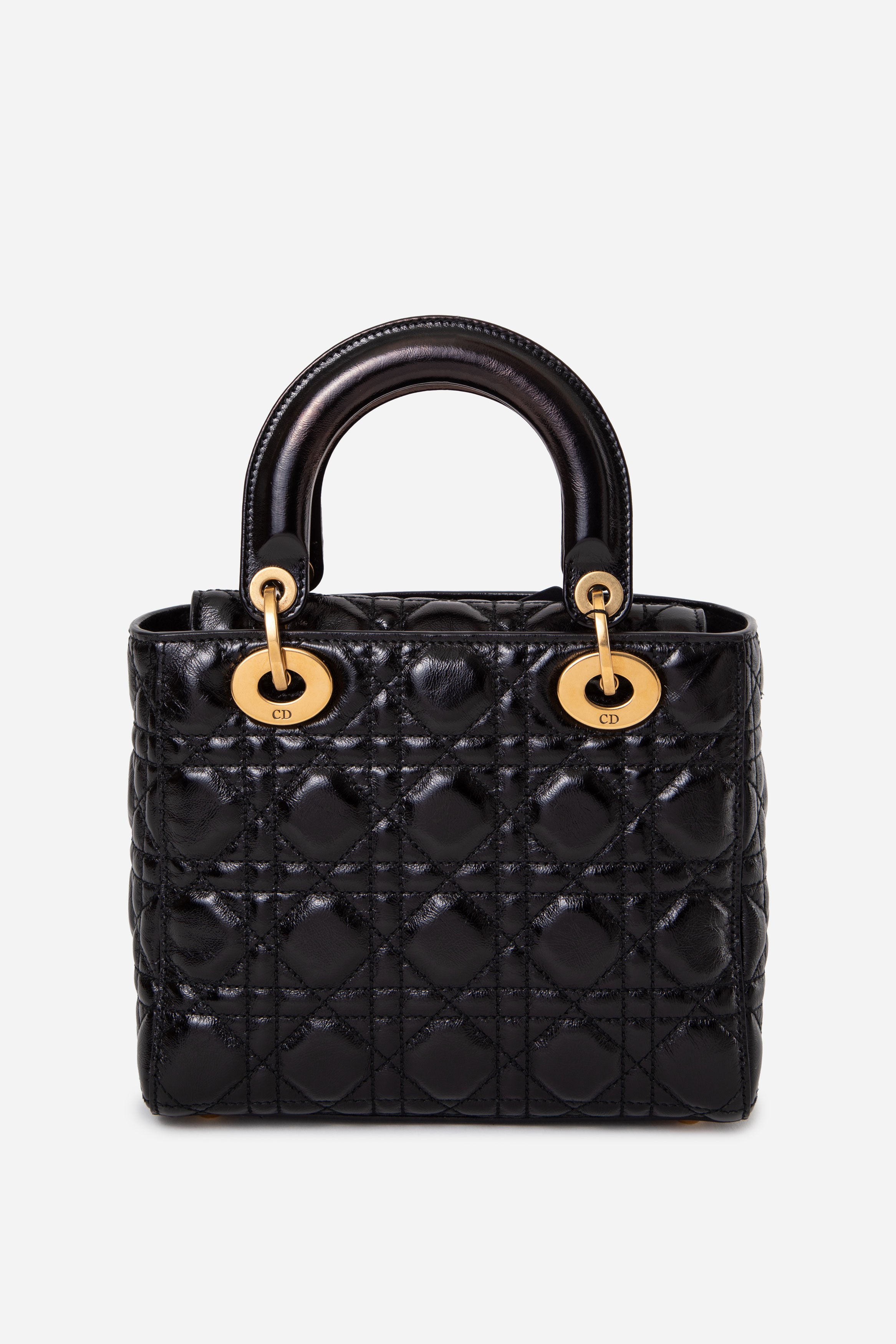 Christian Dior 2018 Black Small Crinkled Patent Cannage Badges My Lady Dior With Strap