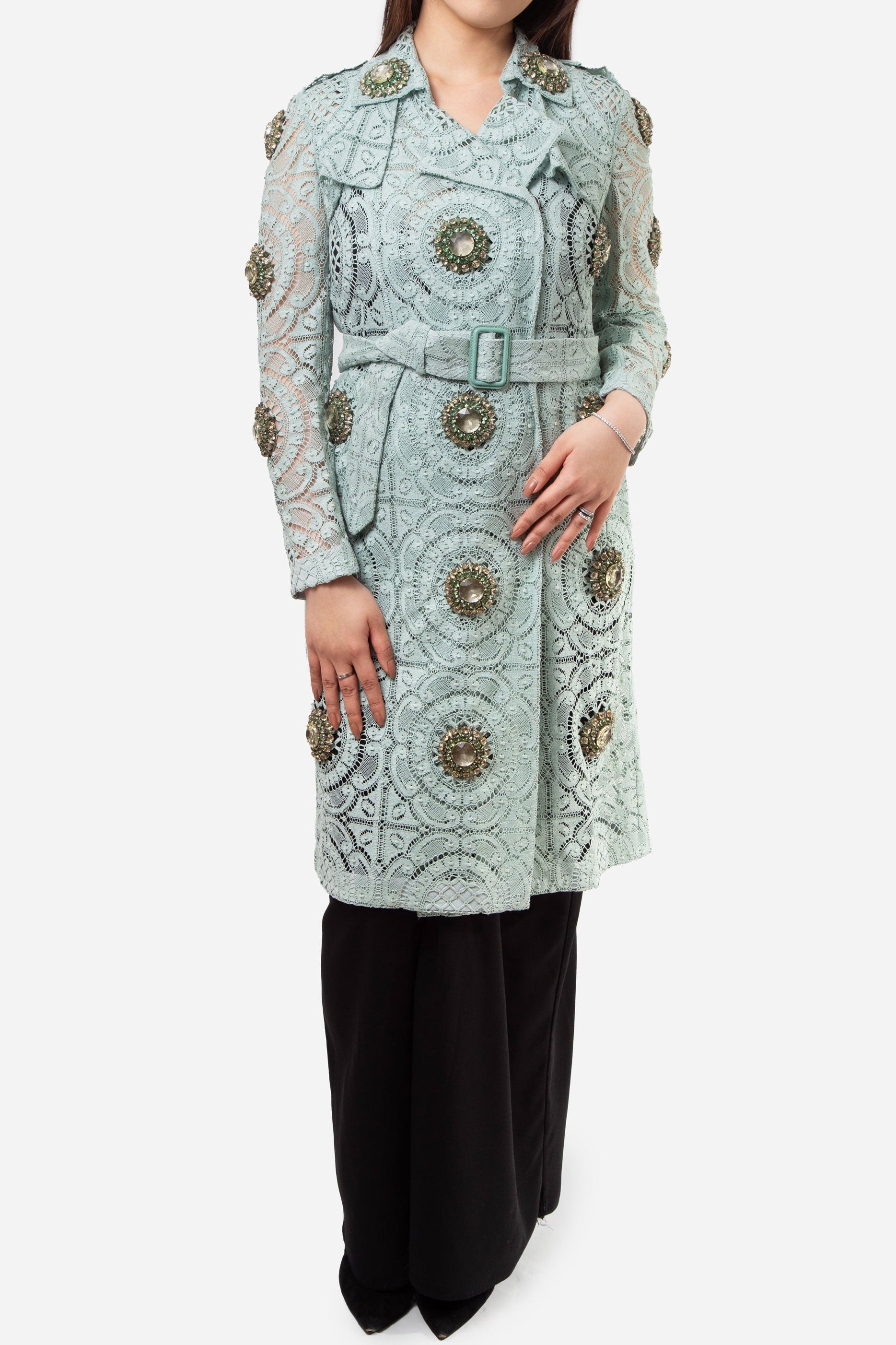 Burberry Prorsum Green Lace Crystal Embellished Midi Dress Size 36