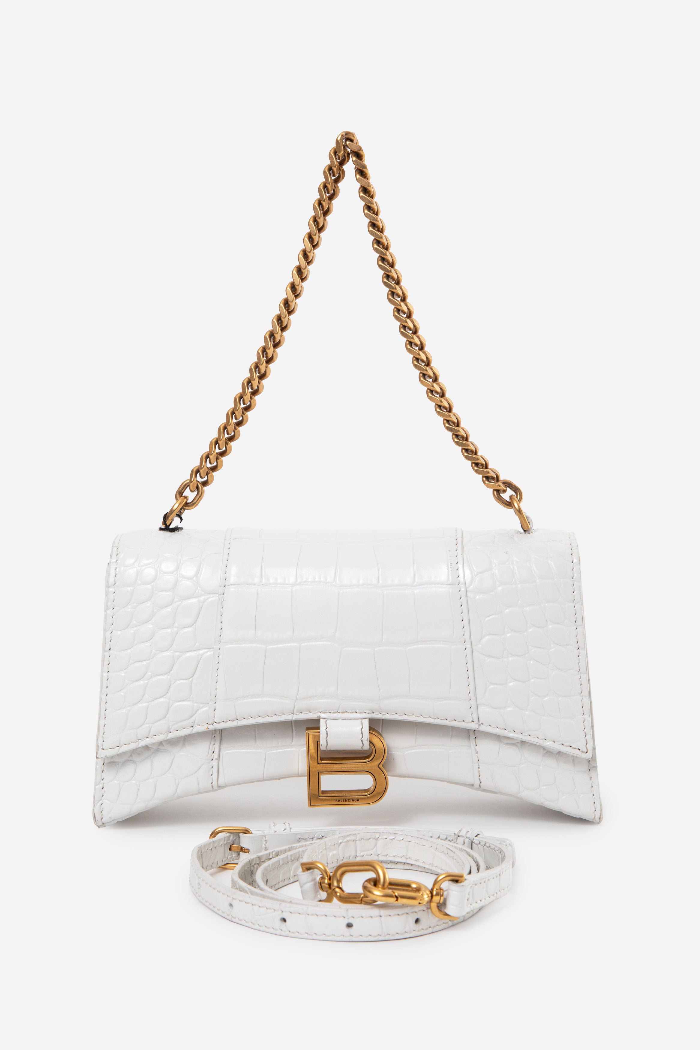 Balenciaga White Calfskin Crocodile Embossed Hourglass Shoulder Bag