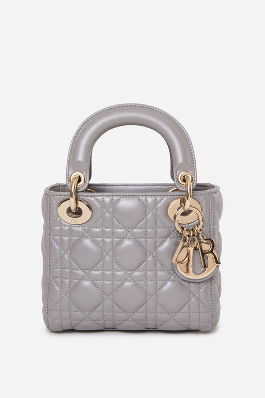 Christian Dior 2017 Grey Lambskin Mini Lady Dior Handbag
