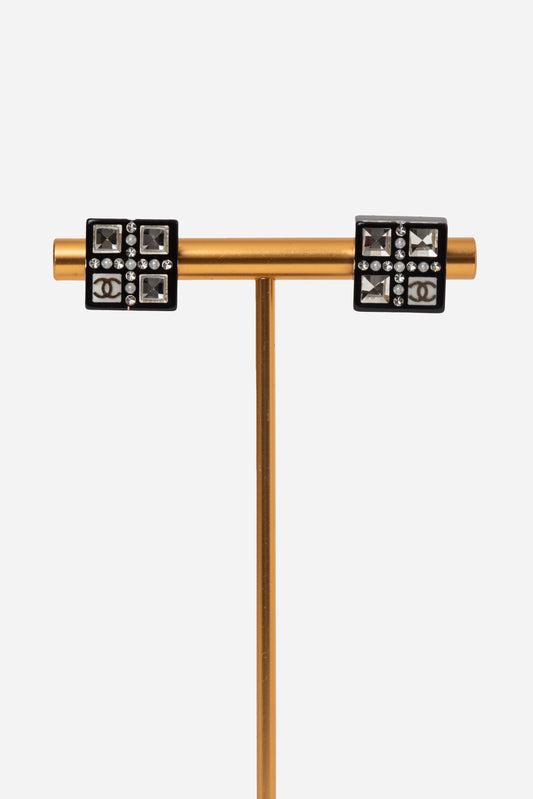 Pre-Owned Chanel 2019 Black Resin Square Crystal Stud Earrings