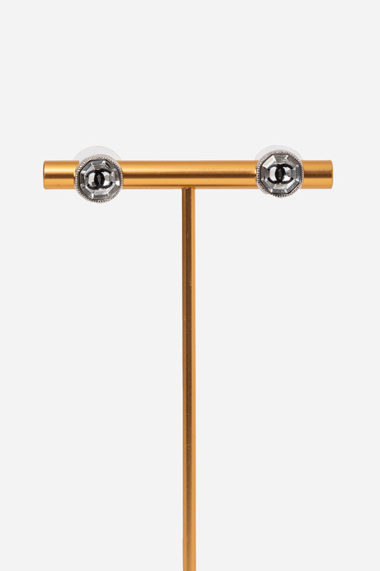 Pre-Owned Chanel 2018 Silver Crystal CC Logo Stud Earrings