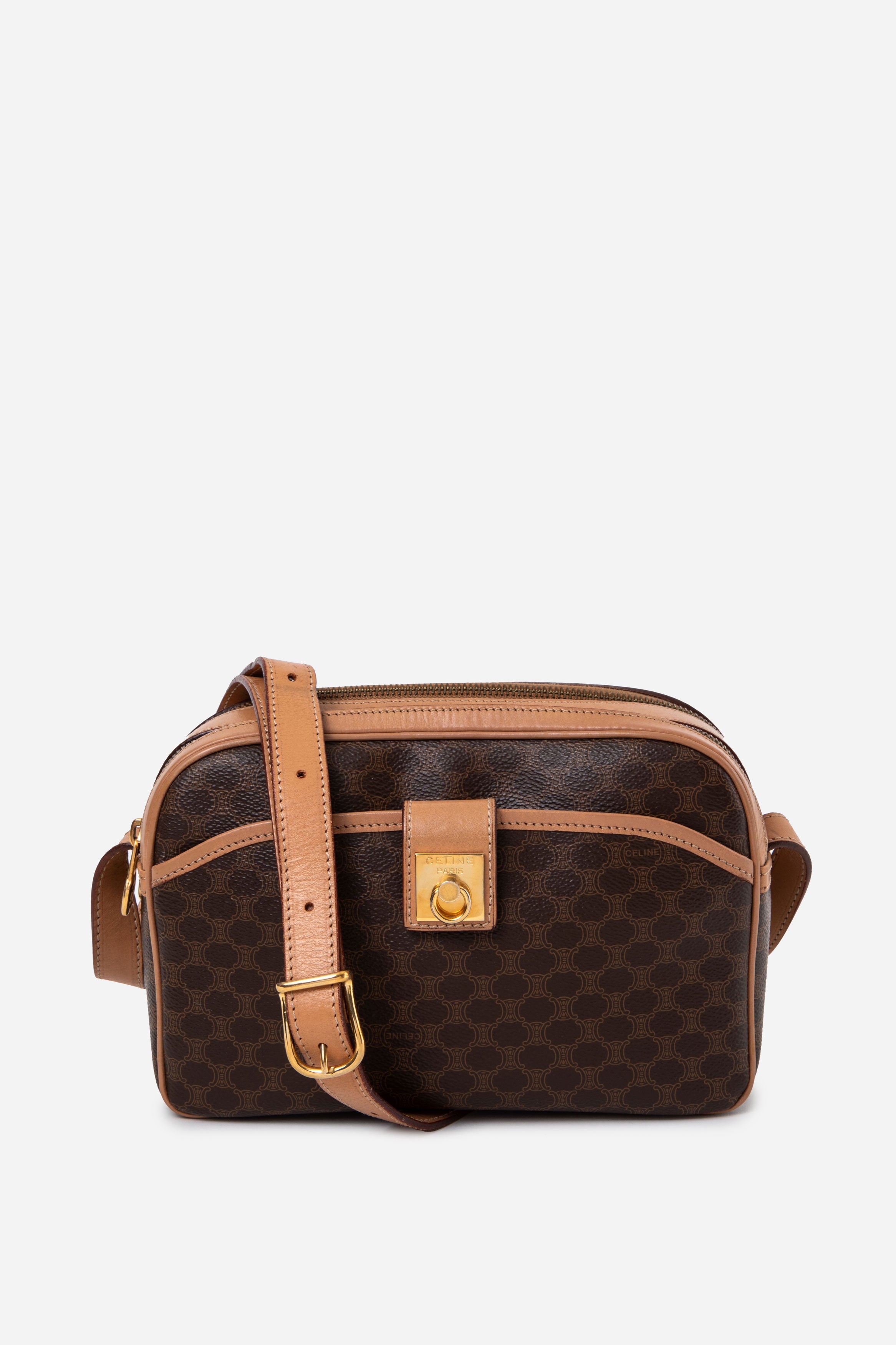 Celine Brown Macadam Canvas Leather Crossbody Bag