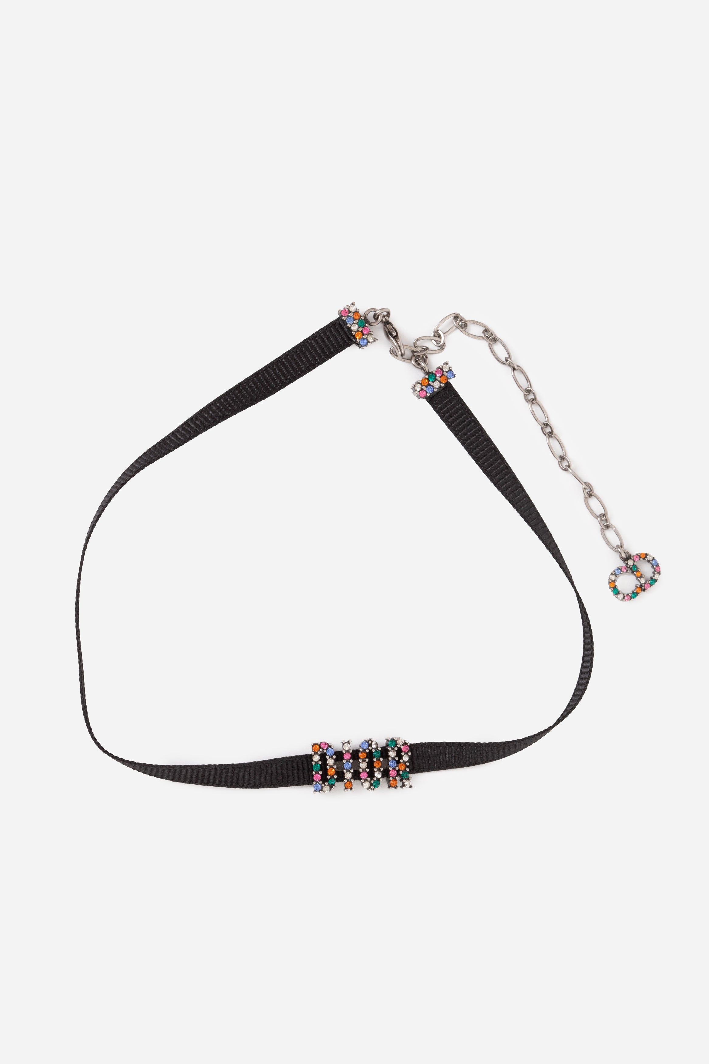 Dior Grosgrain Ribbon Crystal Logo Choker Necklace Multicolor