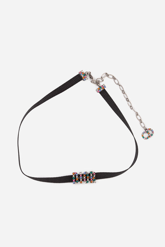 Dior Grosgrain Ribbon Crystal Logo Choker Necklace Multicolor