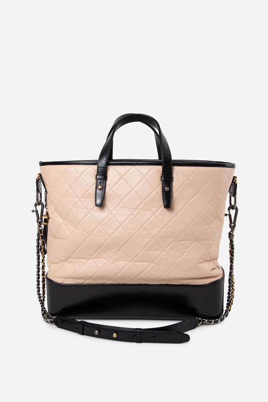 Pre-Owned Chanel 2017-2018 Beige/Black Aged Calfskin Quilted Large Gabrielle Shopping Tote