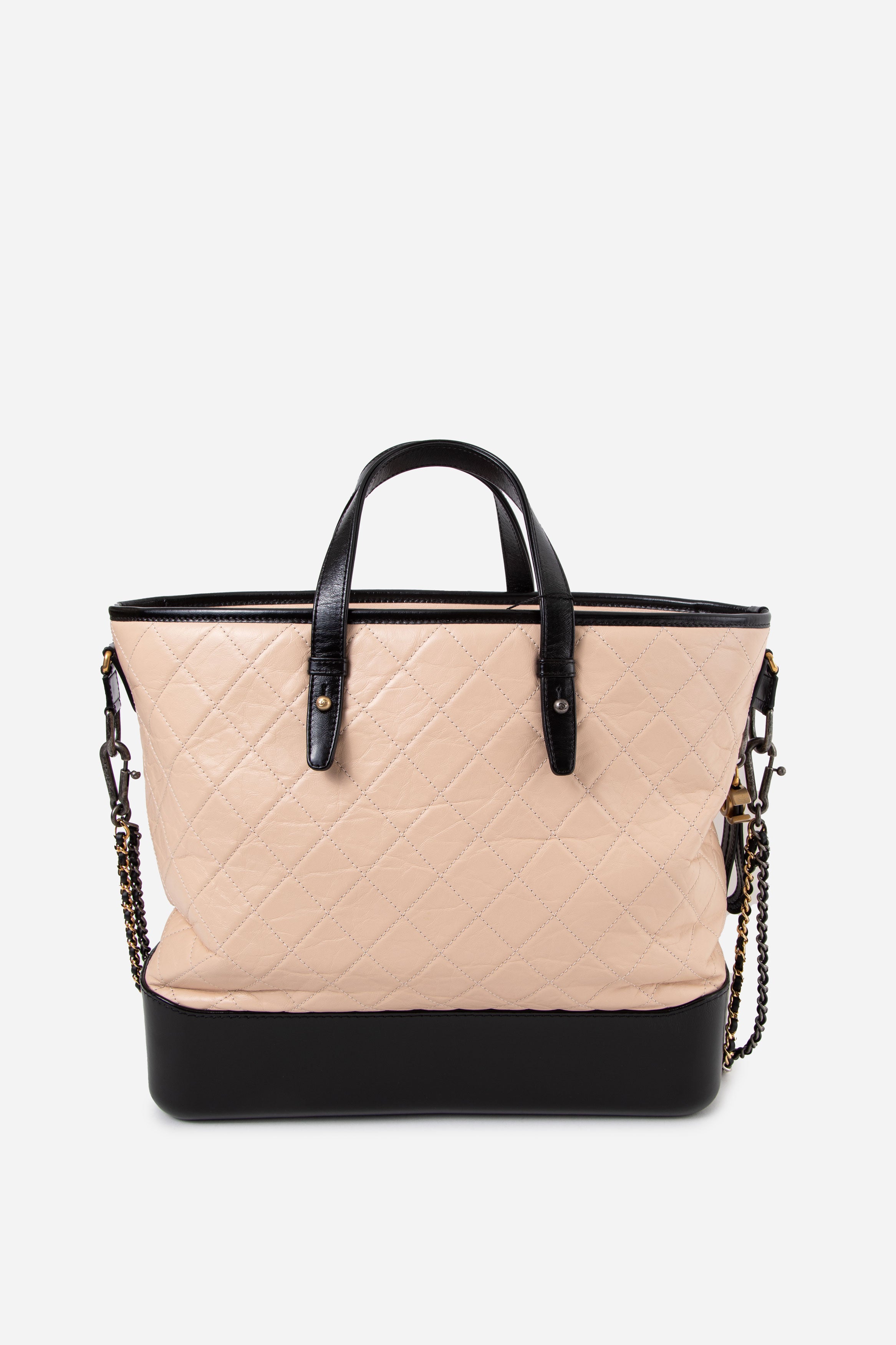 Pre-Owned Chanel 2017-2018 Beige/Black Aged Calfskin Quilted Large Gabrielle Shopping Tote