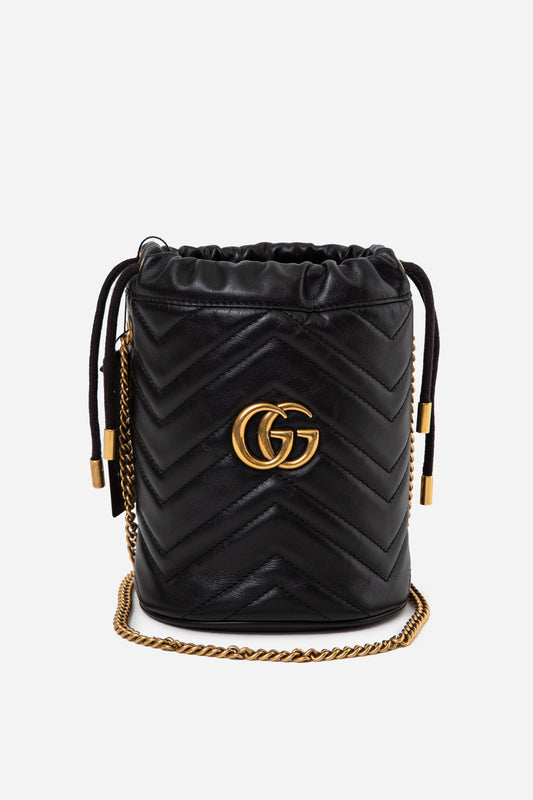 Gucci Black Leather GG Marmont Chain Bucket Bag