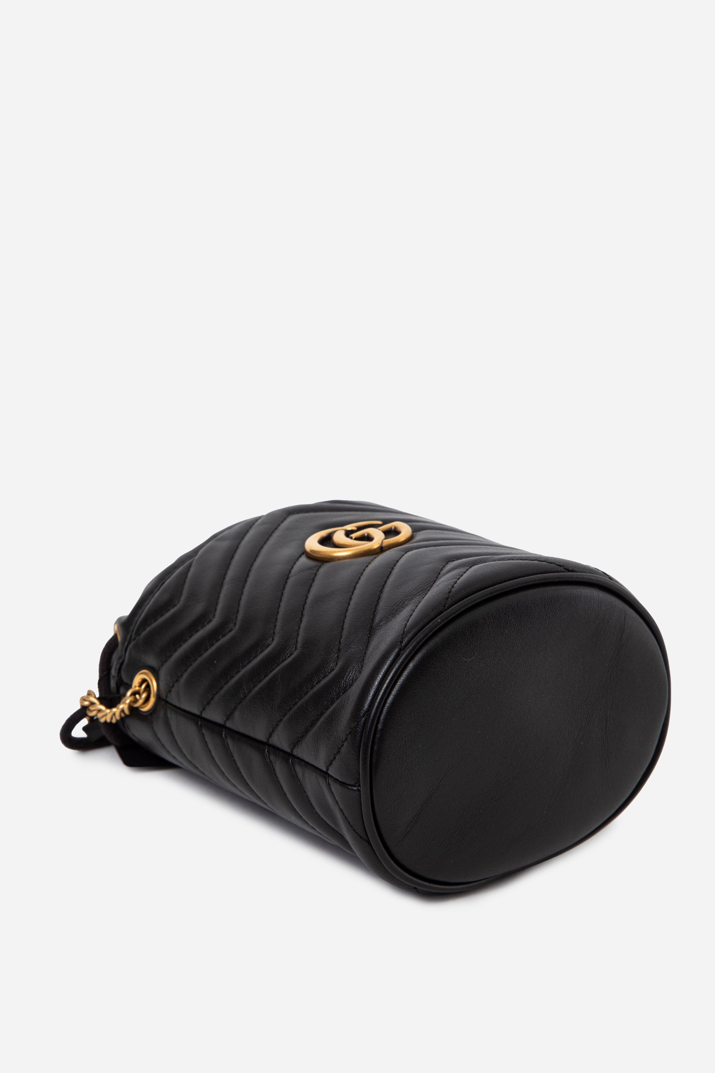 Gucci Black Leather GG Marmont Chain Bucket Bag