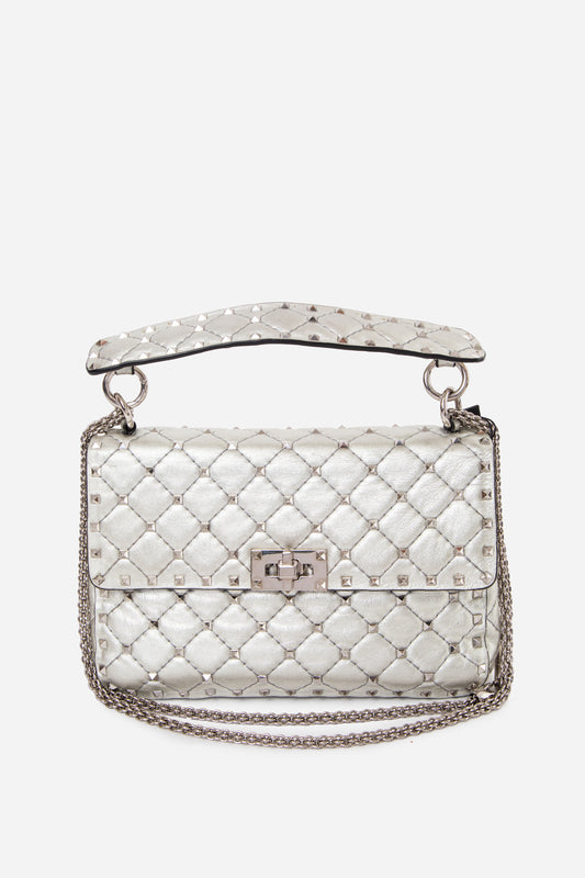 Valentino Garavani Metallic Nappa Medium Rockstud Spike Shoulder Bag Silver