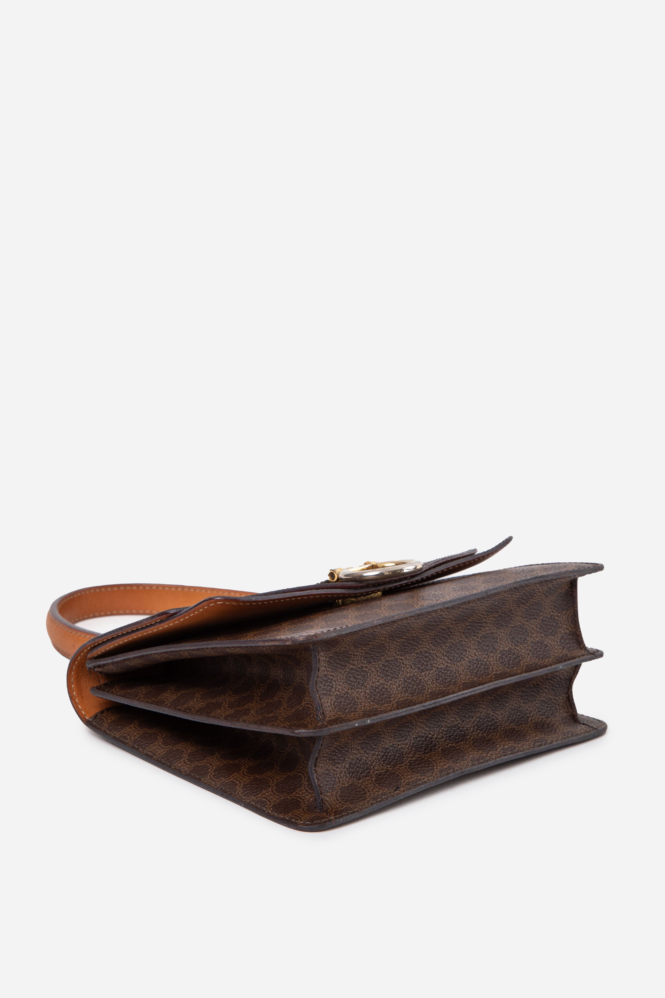 CELINE Brown Macadam Gancini Double Flap Handbag