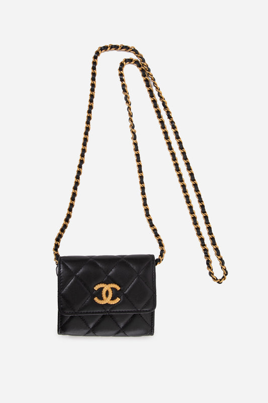 Pre-Owned Chanel 2023 Black Lambskin Card Holder With Chain