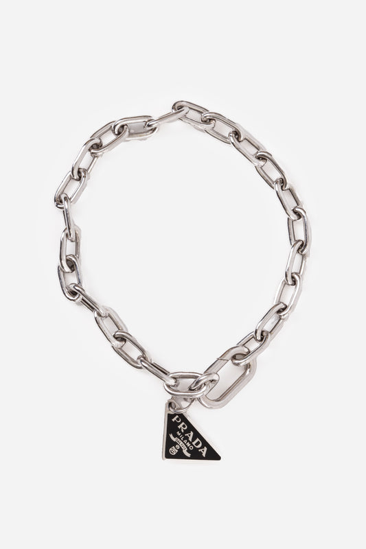 Prada Silver Triangle Logo Charm Bracelet Size L