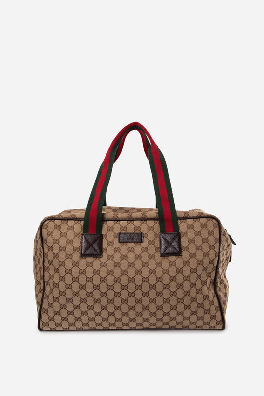 Gucci Beige Brown GG Canvas Web Travel Duffle Bag