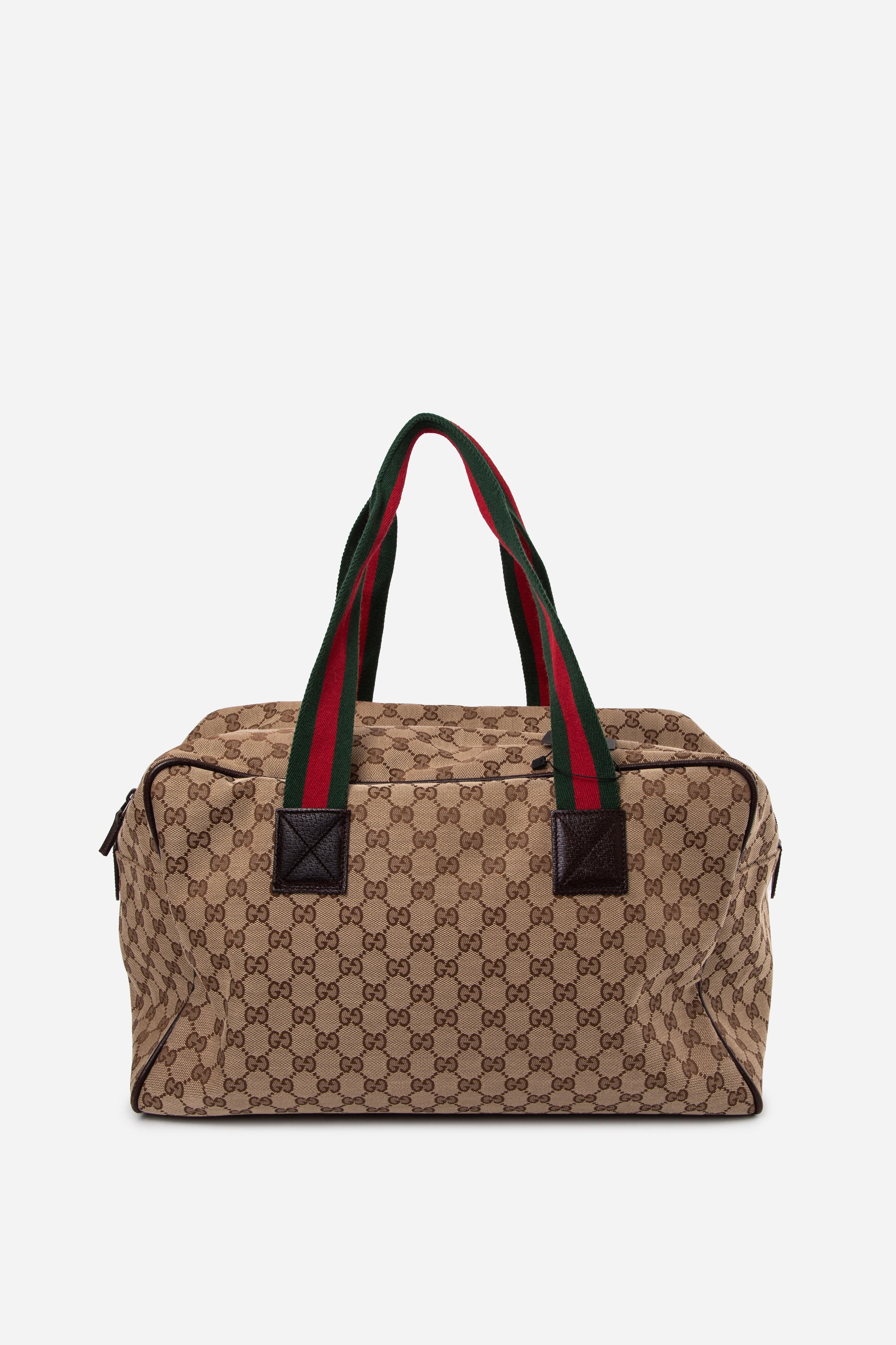 Gucci Beige Brown GG Canvas Web Travel Duffle Bag