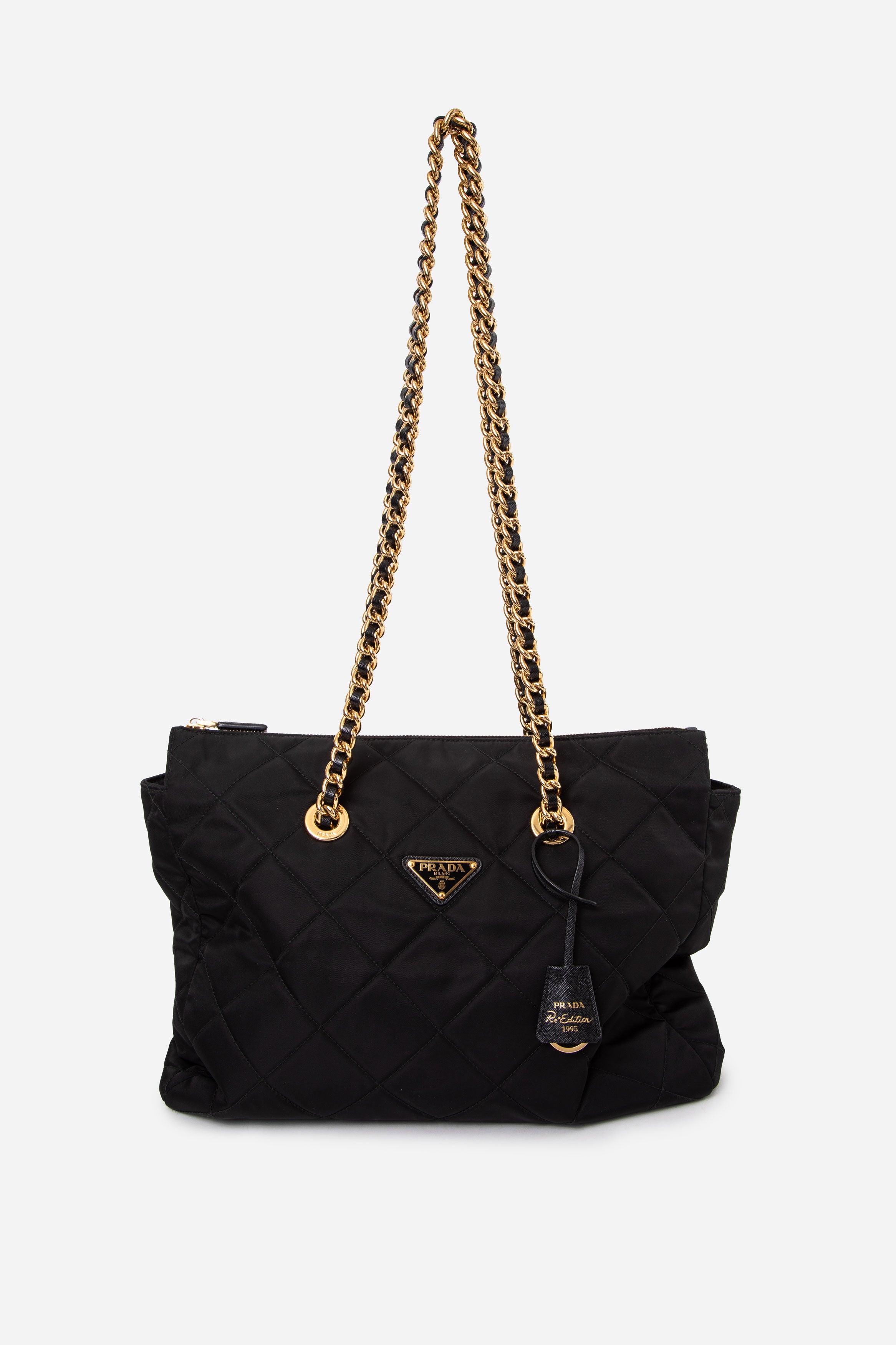 Prada Black Re-Nylon Impuntu Quilted Re-Edition 1995 Chaine Medium Tote Bag