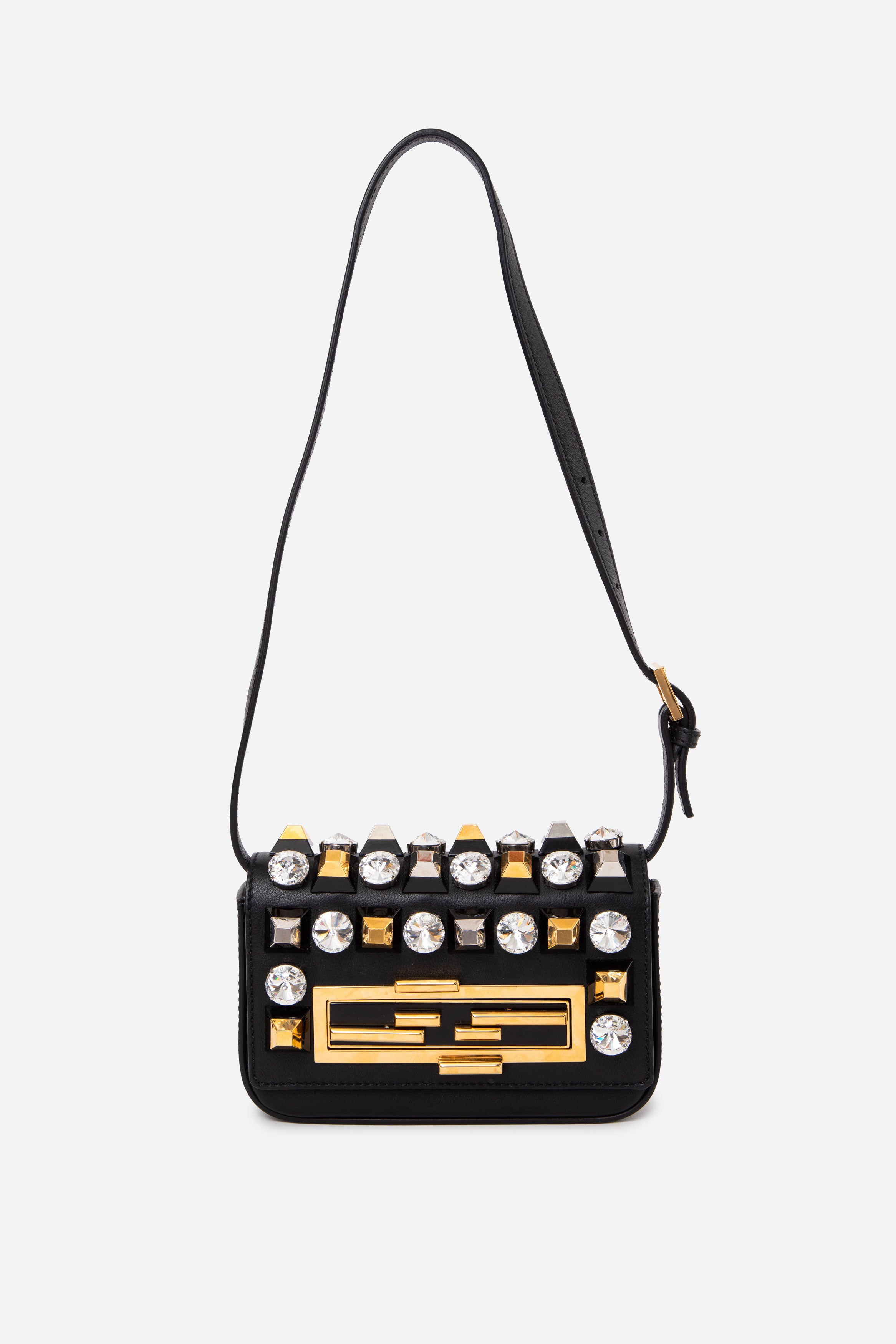 Fendi Vitello Dolce Crystal Studded Mini Baguette Crossbody Bag