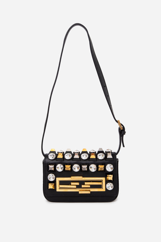 Fendi Vitello Dolce Crystal Studded Mini Baguette Crossbody Bag