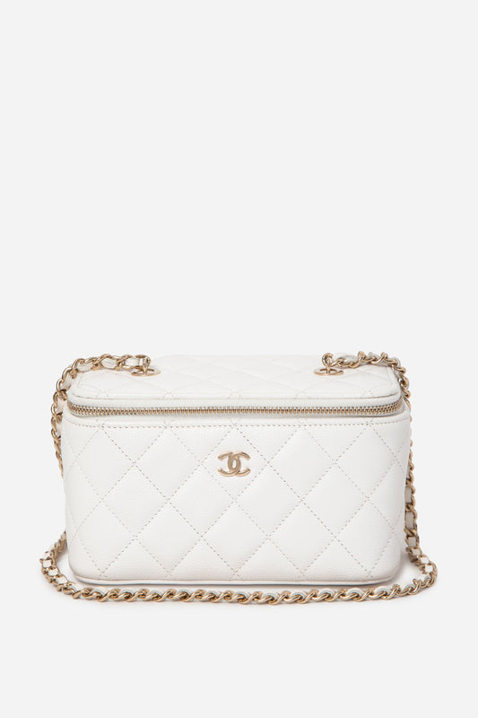Pre-Owned Chanel White Caviar Leather Vanity With Chain