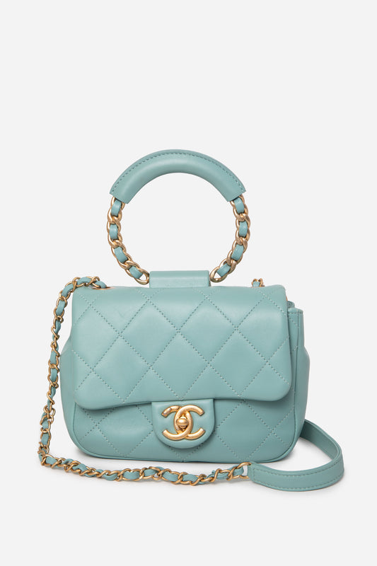Pre-Owned CHANEL 2019 Blue Lambskin Mini Flap Handle Bag