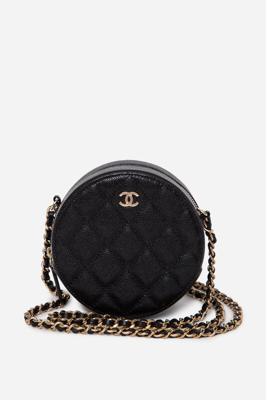 Pre-Owned Chanel Black Caviar Round Clutch With Chain