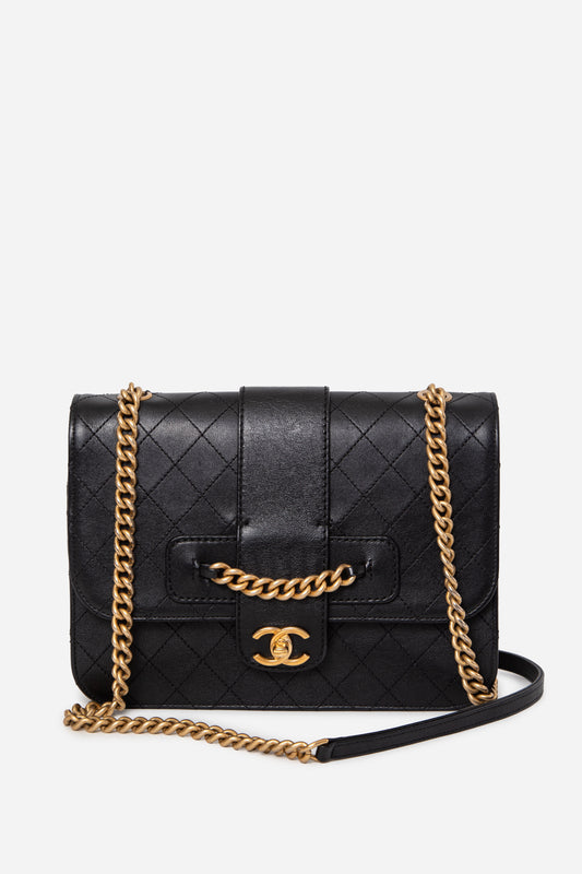 Pre-Owned Chanel 2017–2018 Black Calfskin Front Chain Flap Bag